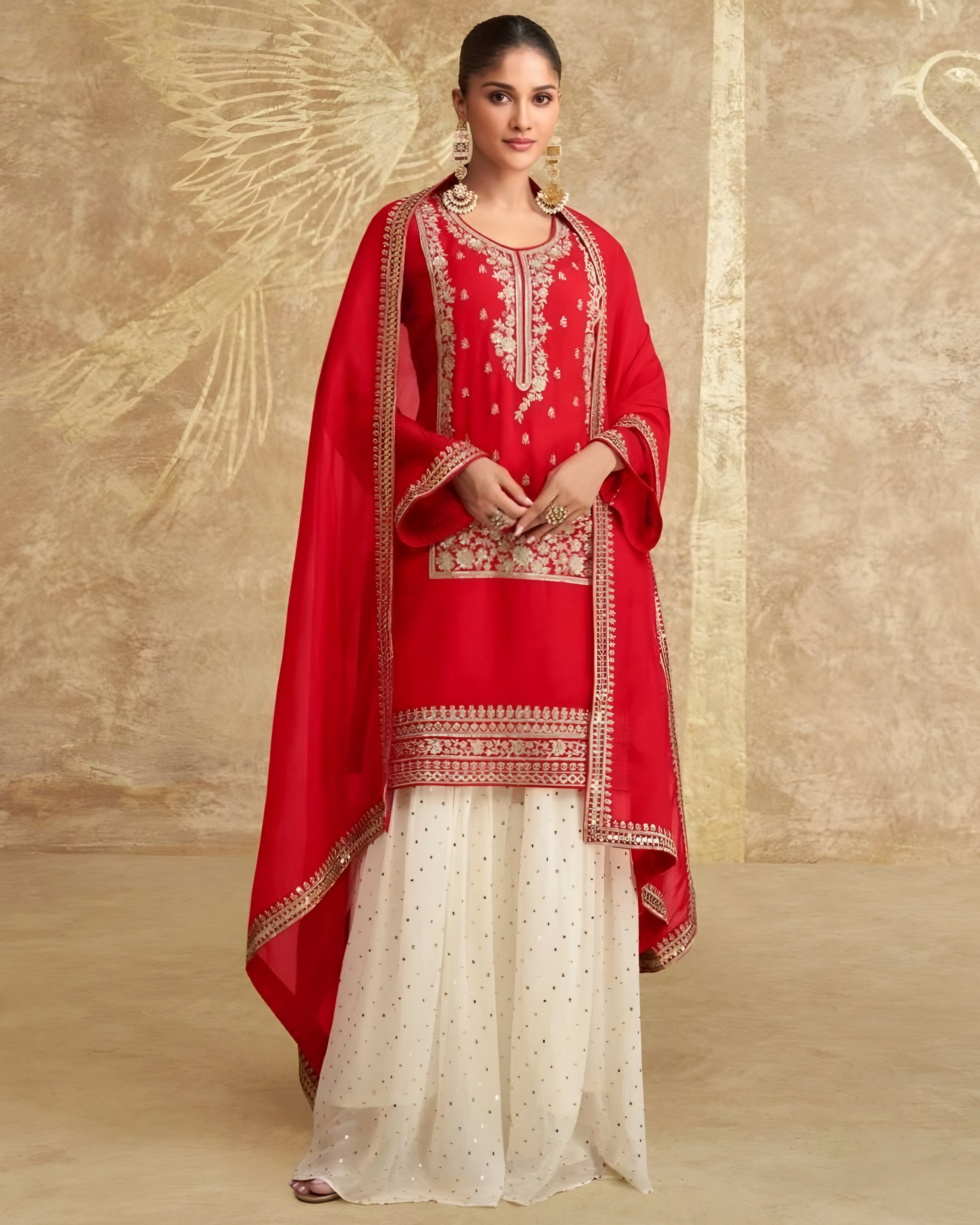 Red and White Chinon Silk Palazzo Suits