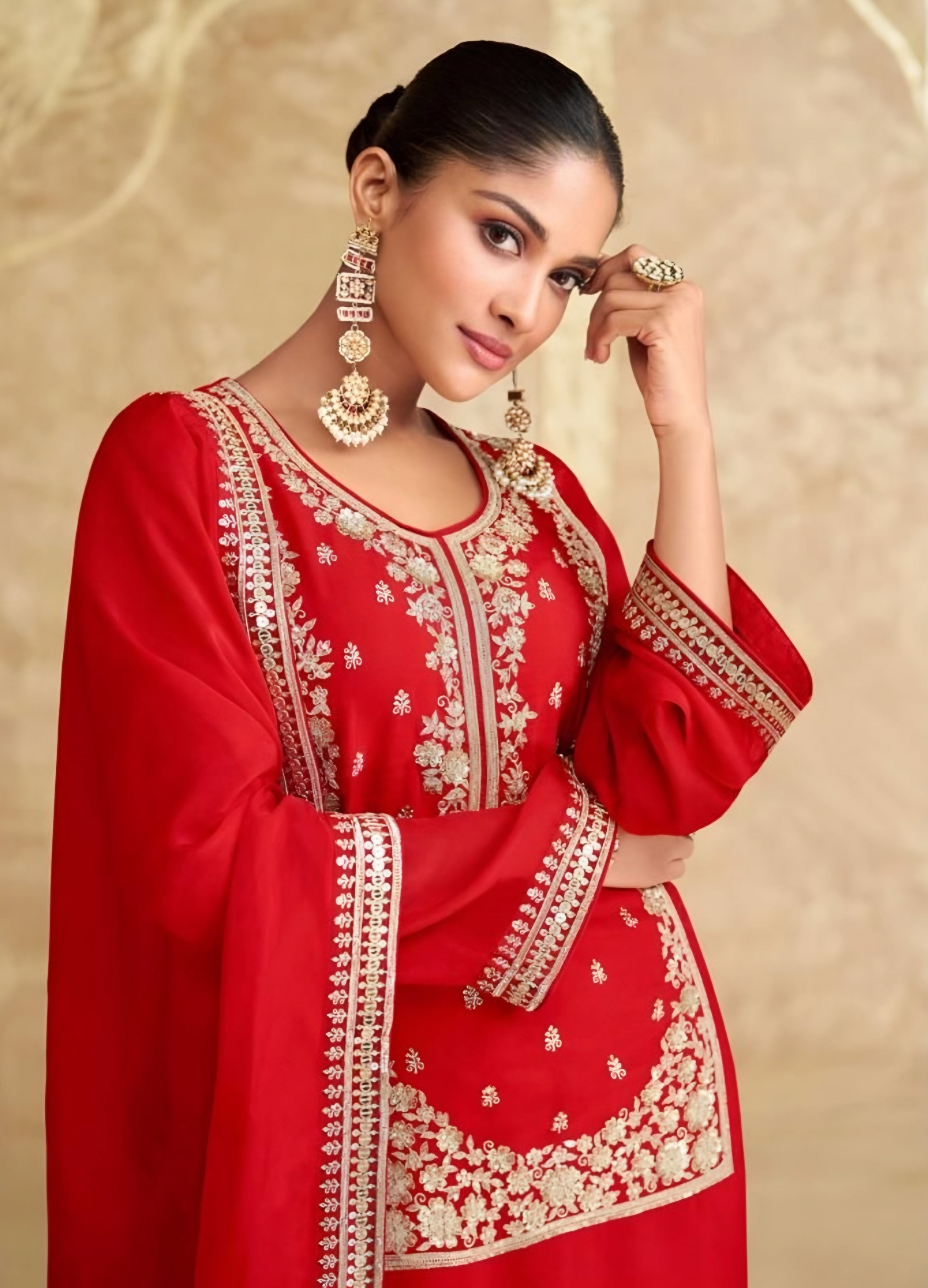 Red and White Chinon Silk Palazzo Suits