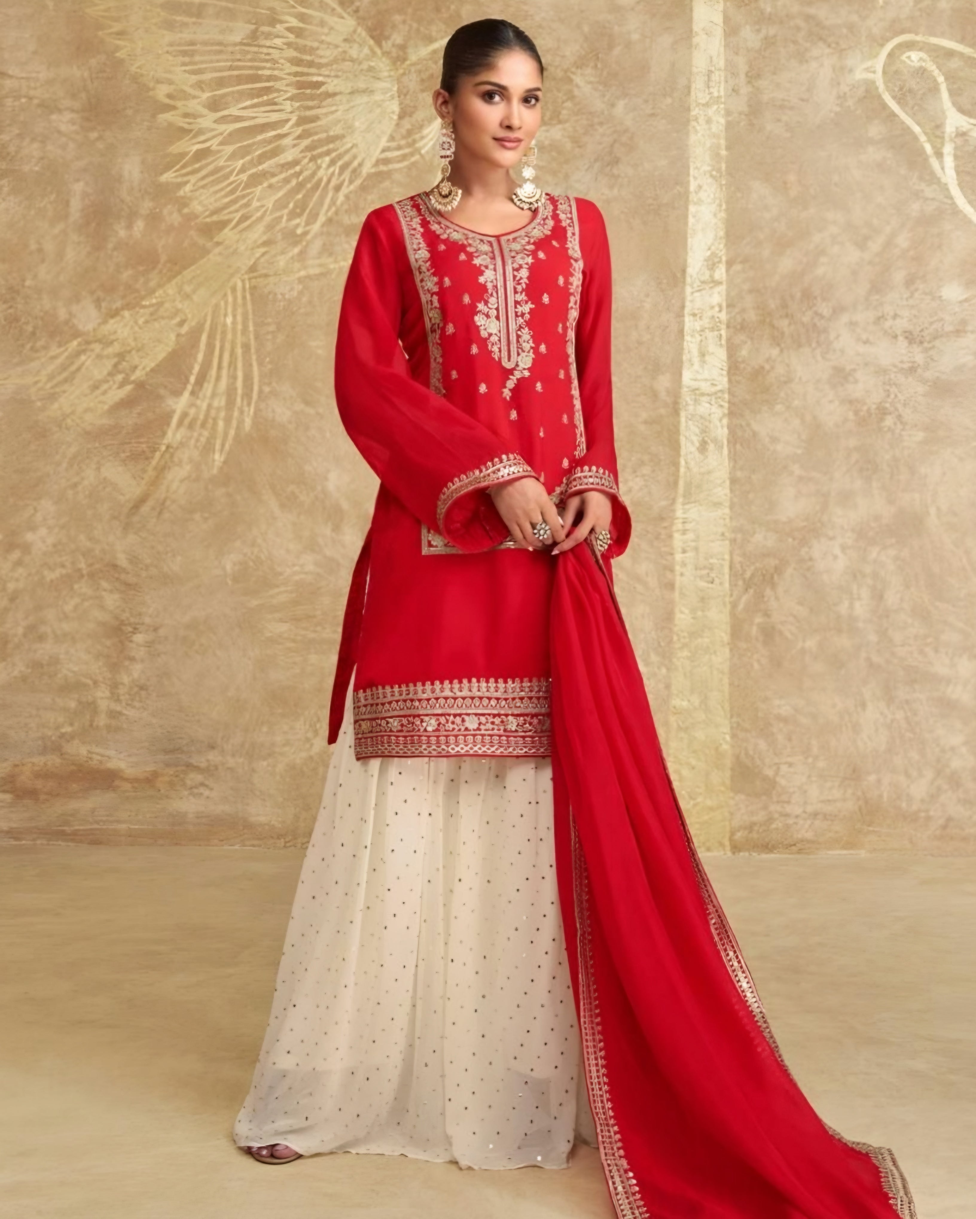 Red and White Chinon Silk Palazzo Suits