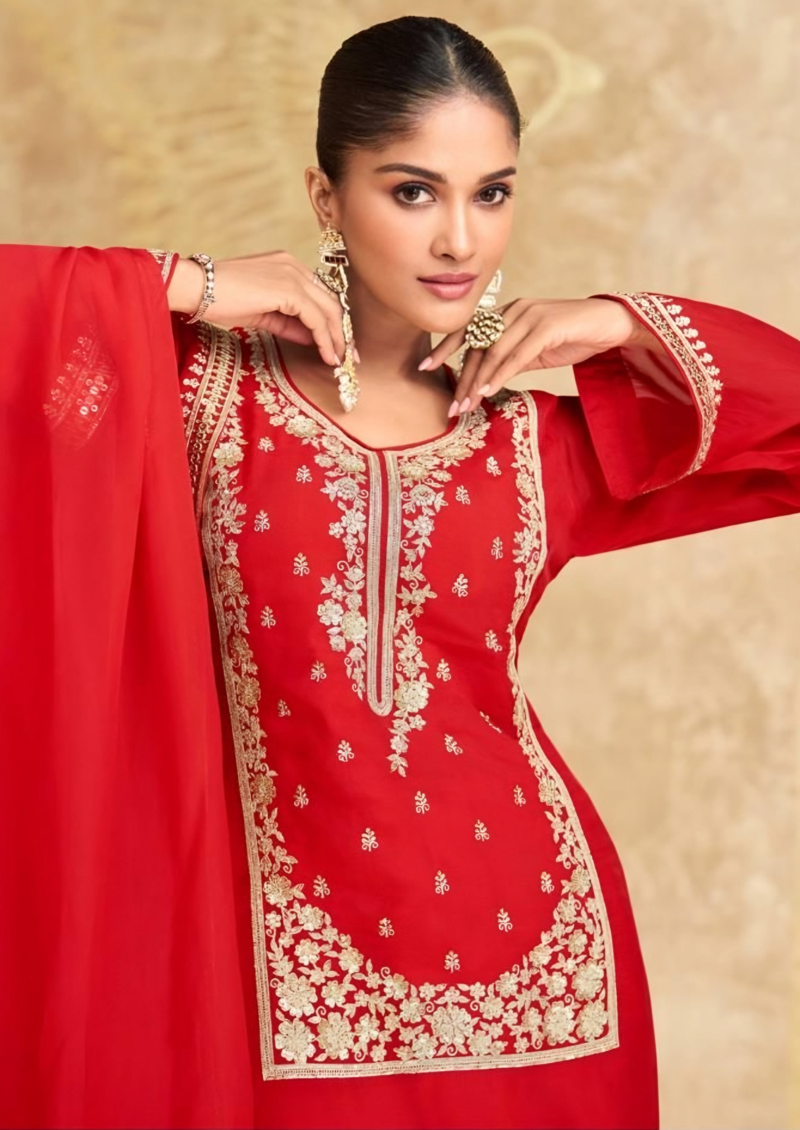 Red and White Chinon Silk Palazzo Suits