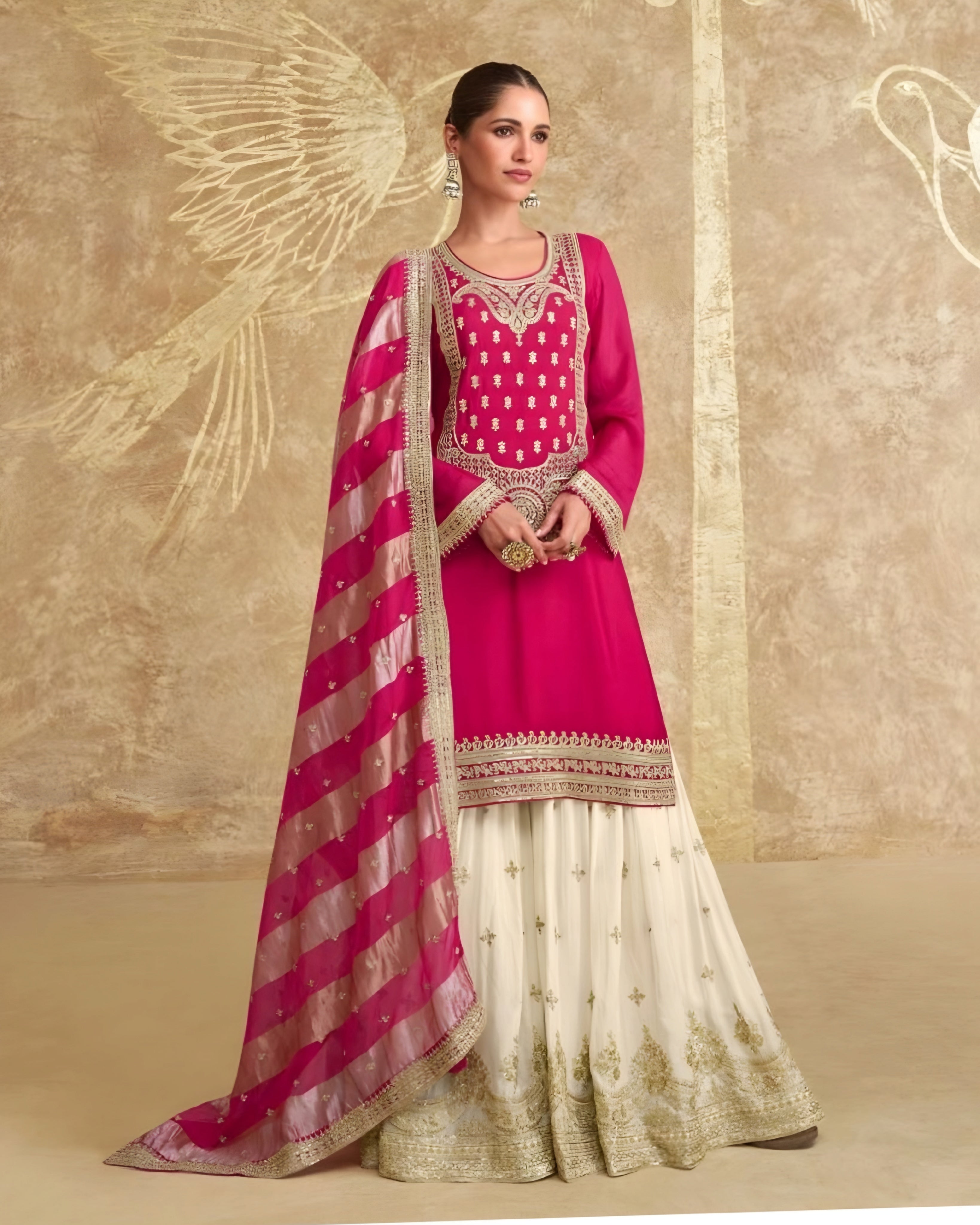 Pink and White Chinon Silk Palazzo Suits