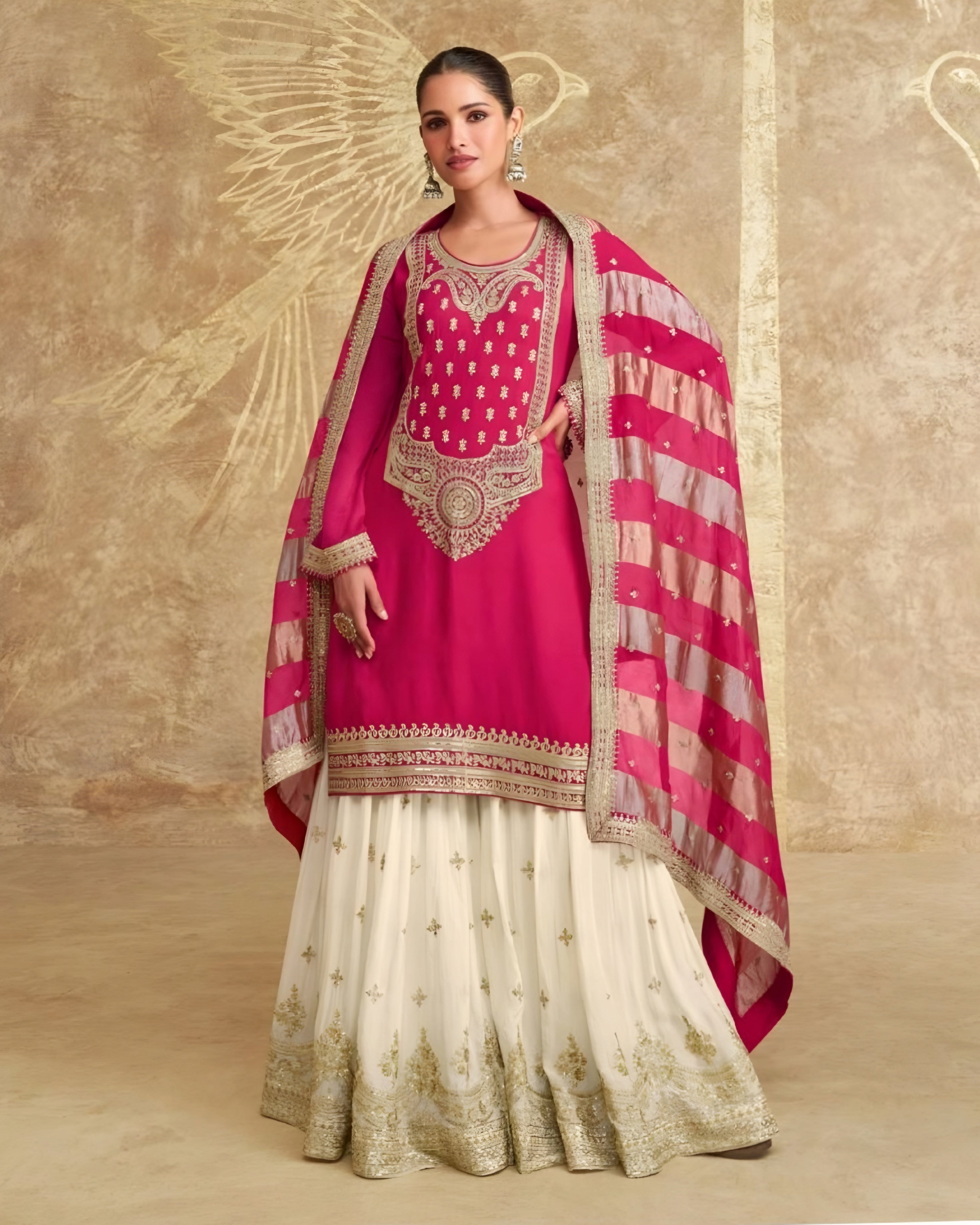 Pink and White Chinon Silk Palazzo Suits
