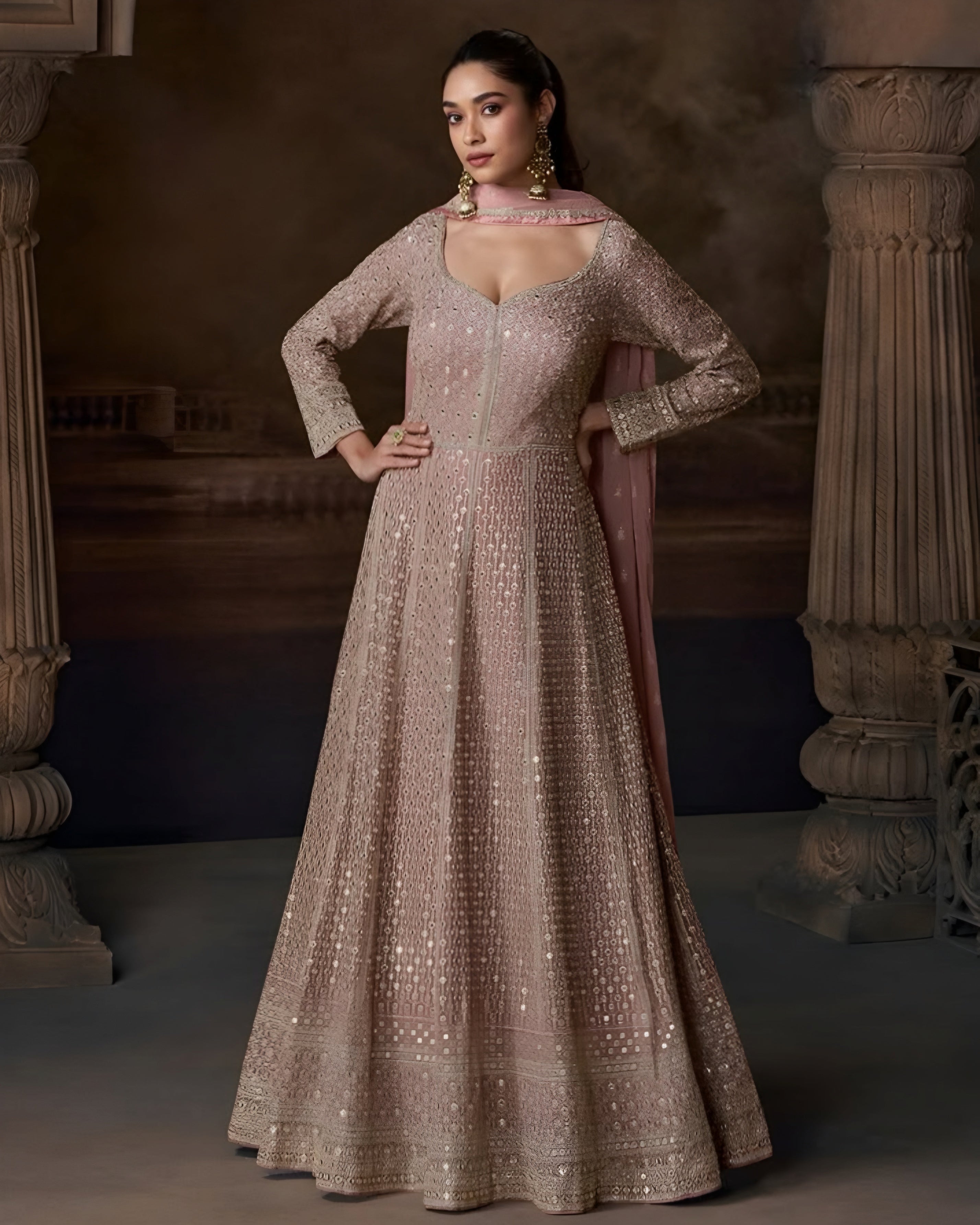 Rose Gold Premium Silk Heavy Embroidered Anarkali Gown