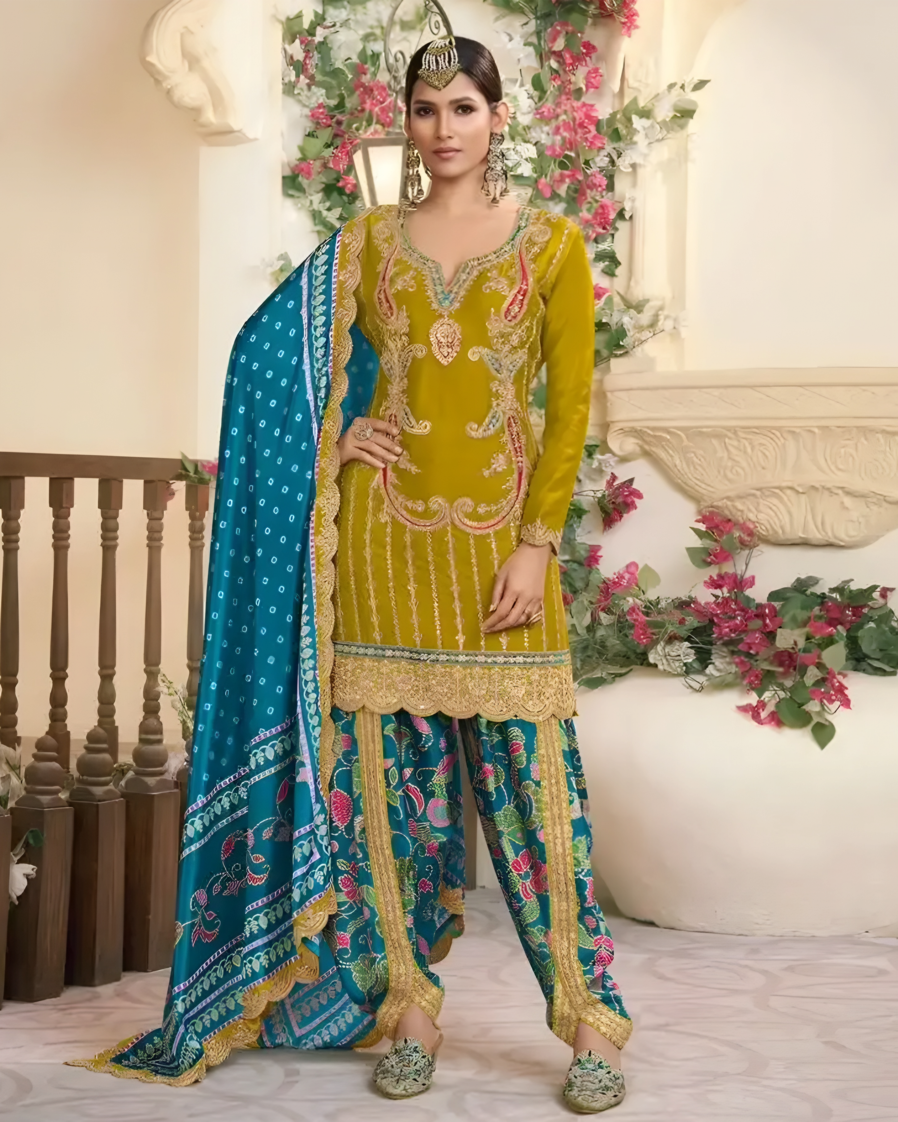 Mustard Yellow & Blue Embroidered Chinon Silk Palazzo Suit
