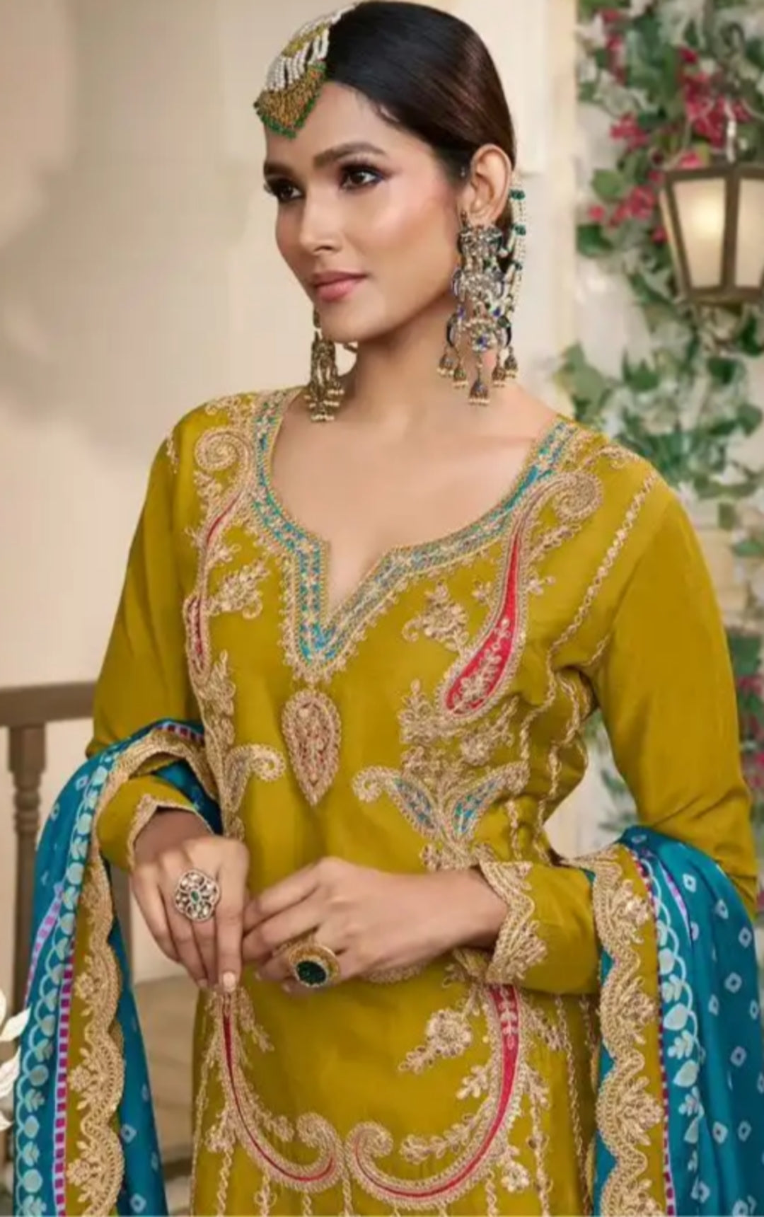Mustard Yellow & Blue Embroidered Chinon Silk Palazzo Suit