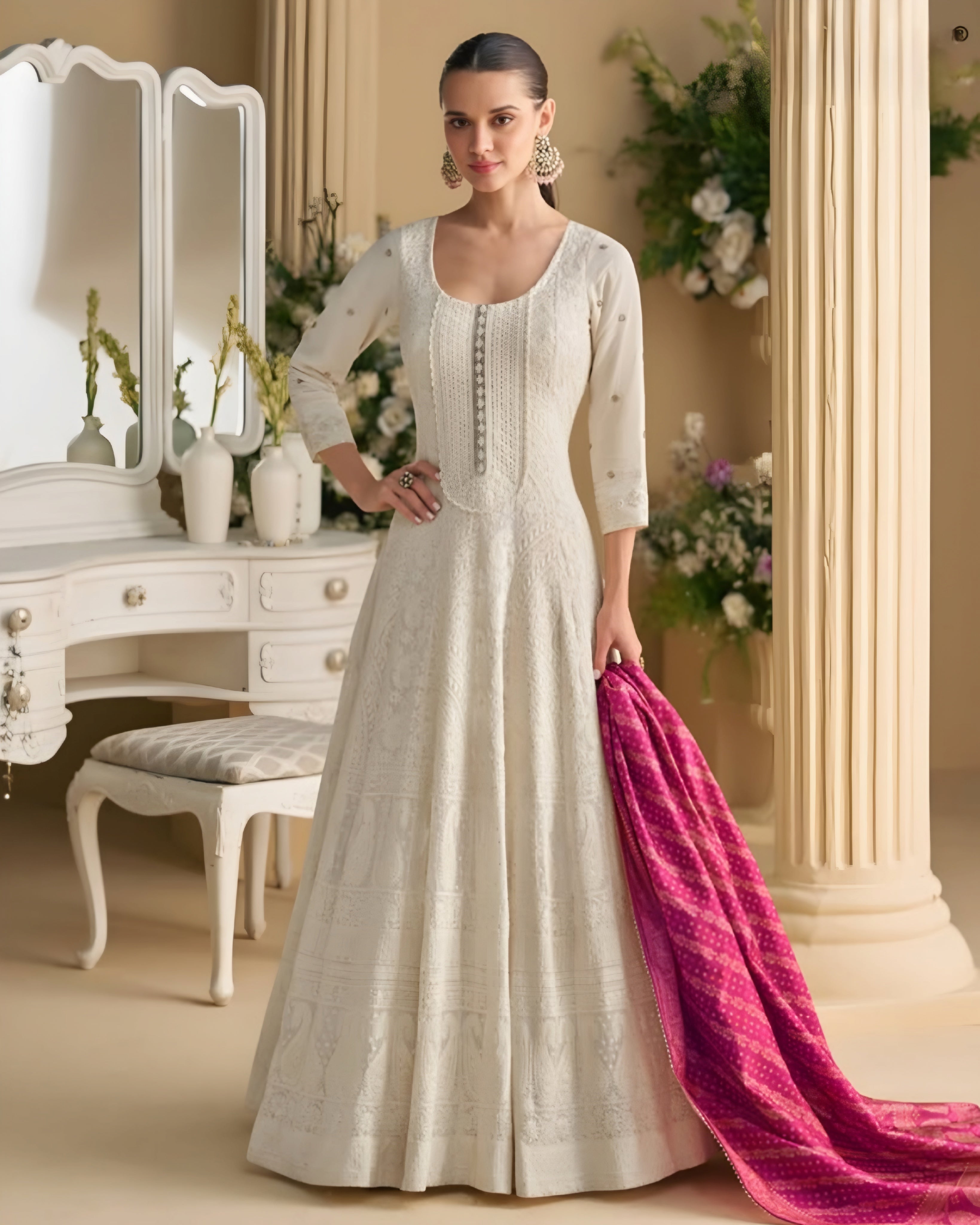 Real Georgette Chikankari Full Embroidered Anarkali Gown White