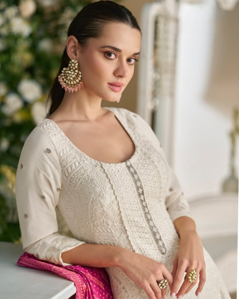 Real Georgette Chikankari Full Embroidered Anarkali Gown White
