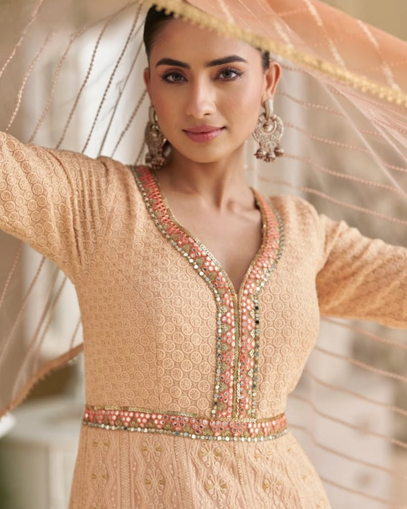 Real Georgette Chikankari Full Embroidered Anarkali Gown Light Peach