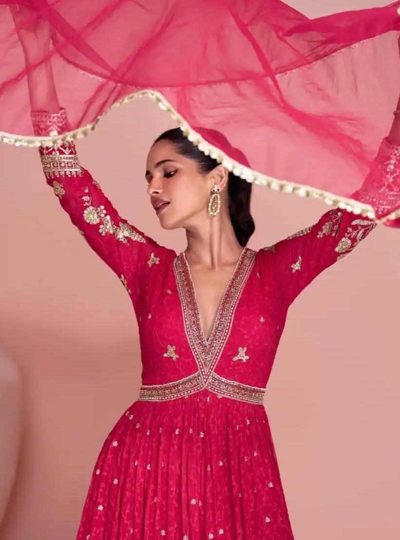 Real Georgette Embroidered Anarkali Gown Pink