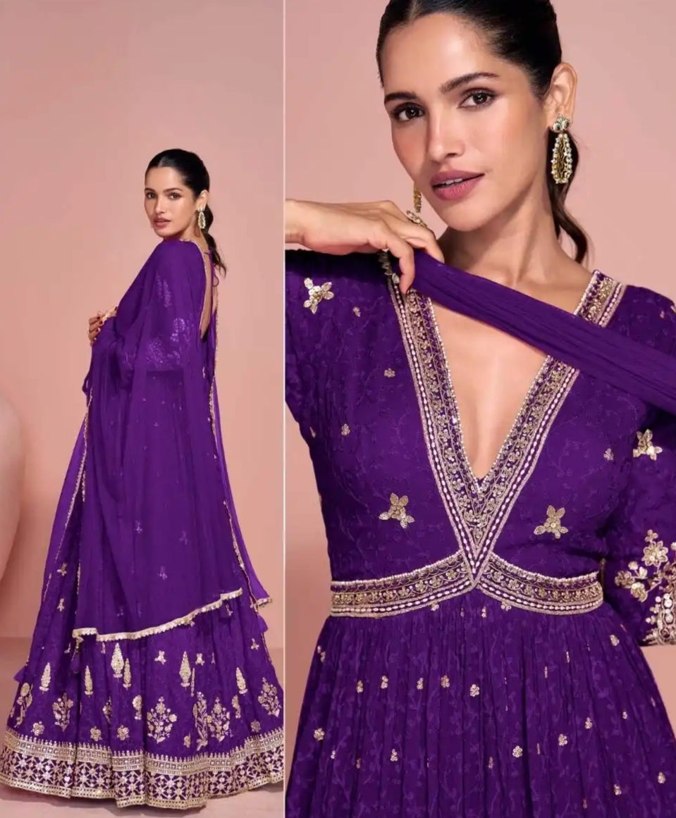 Real Georgette Embroidered Anarkali Gown Purple