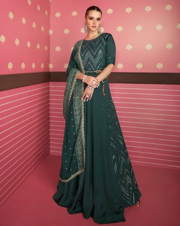 Embroidered Georgette Gown with Dupatta Green - Sakhi Fashions