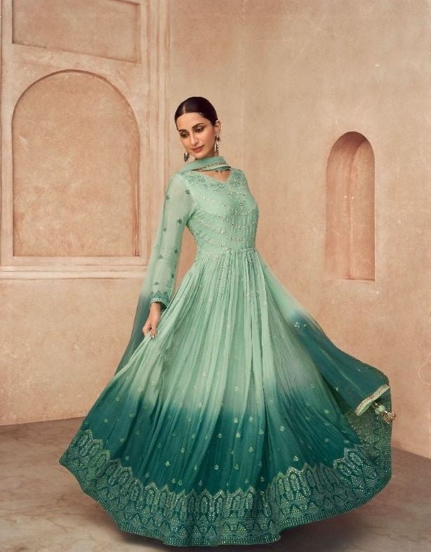 Embroidered Georgette Salwar Suits Green - Sakhi Fashions