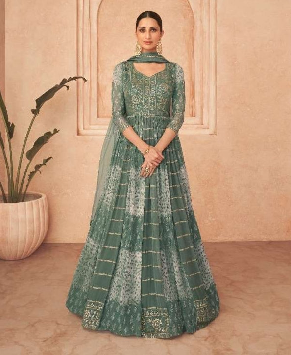 Floral Real Georgette Gown Green - Sakhi Fashions