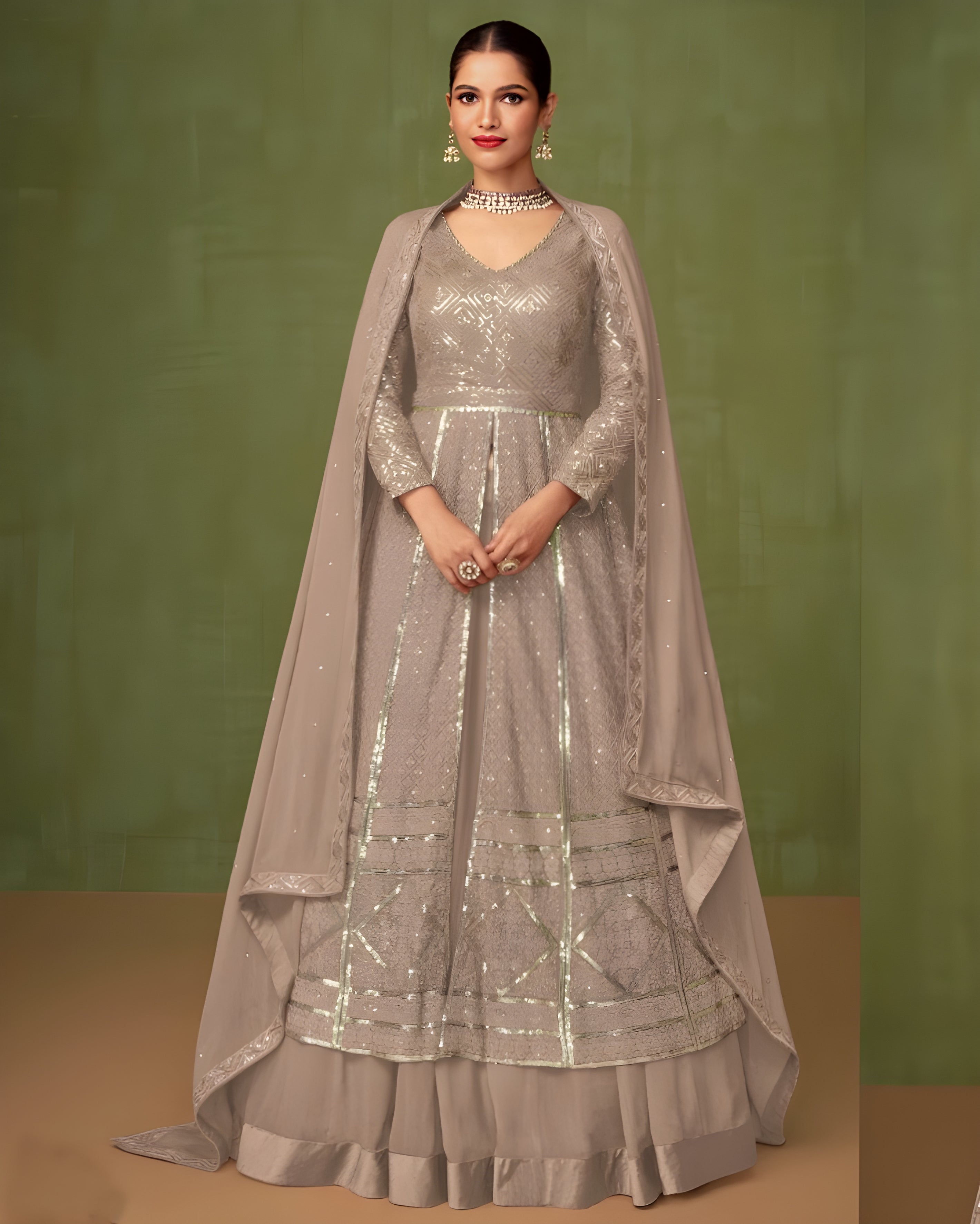 Embroidered Georgette Palazzo Suits Gray - Sakhi Fashions