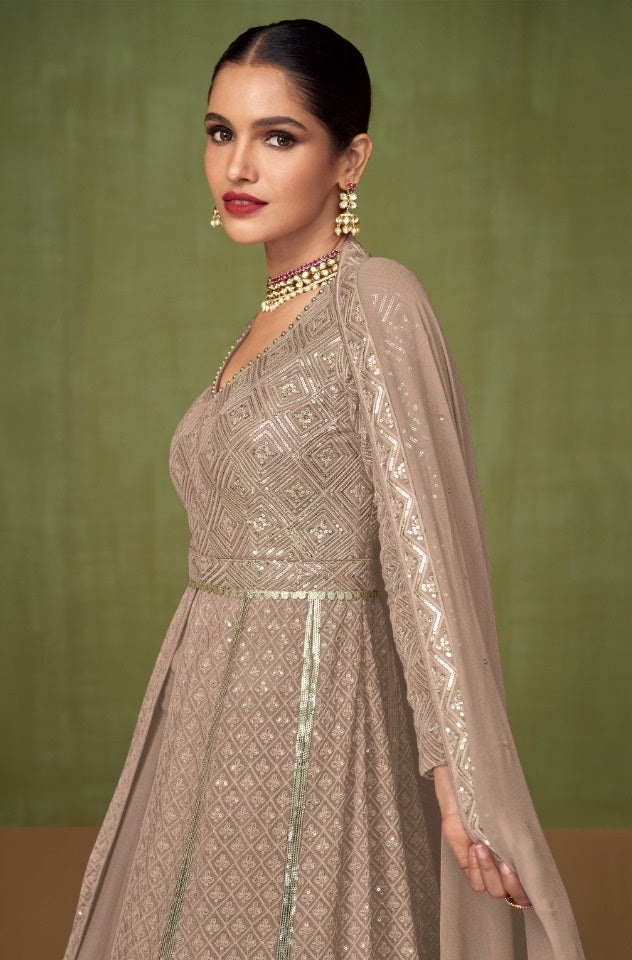 Embroidered Georgette Palazzo Suits Gray - Sakhi Fashions