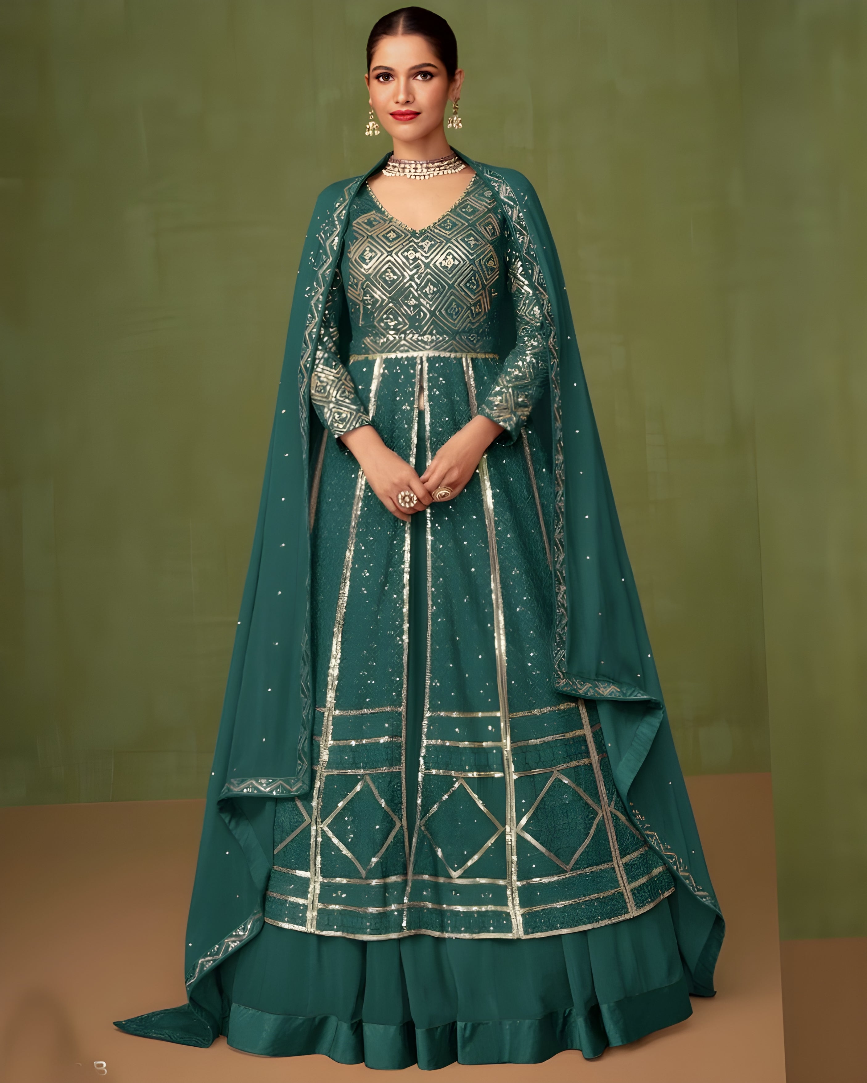 Embroidered Georgette Palazzo Suits Green - Sakhi Fashions