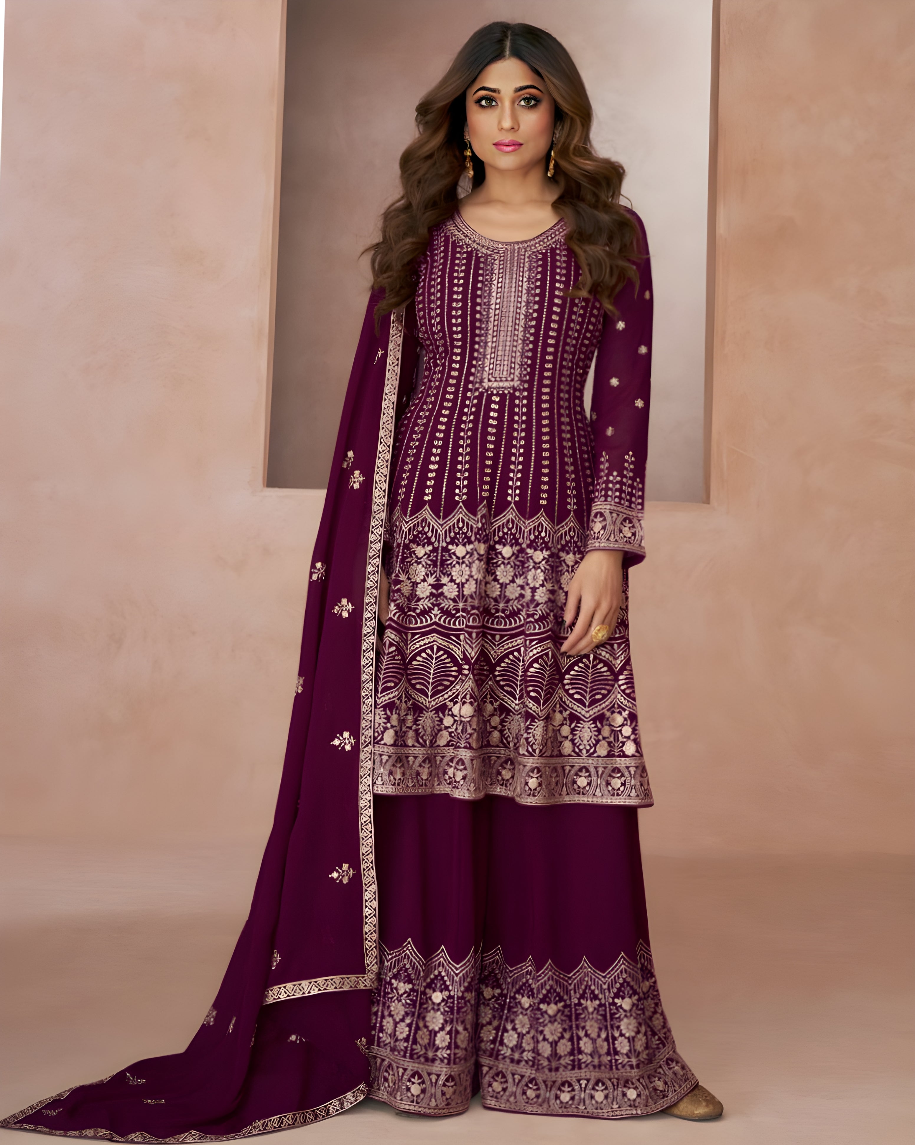 Embroidered Georgette Palazzo Suits Wine - Sakhi Fashions
