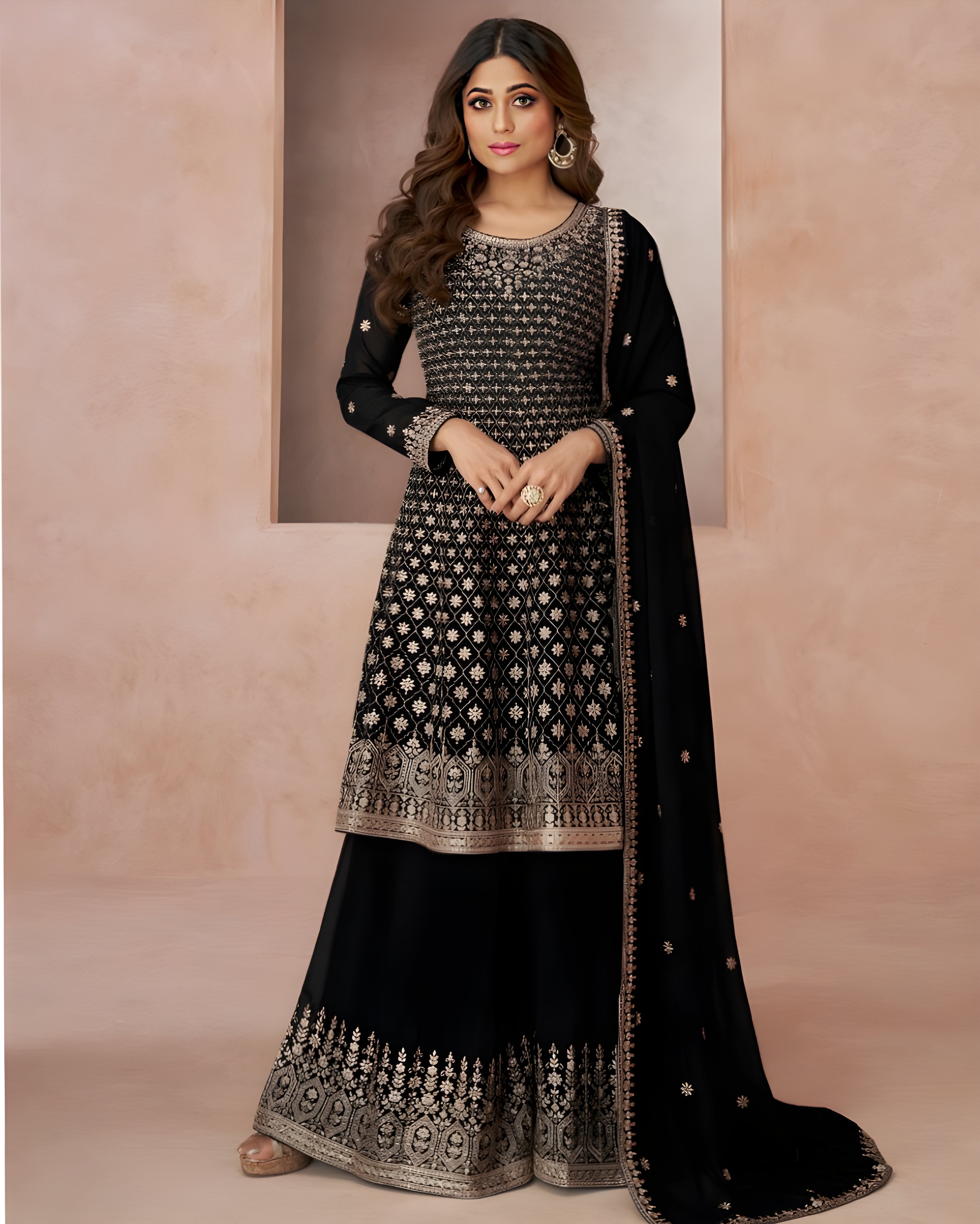 Embroidered Georgette Palazzo Suits Black - Sakhi Fashions