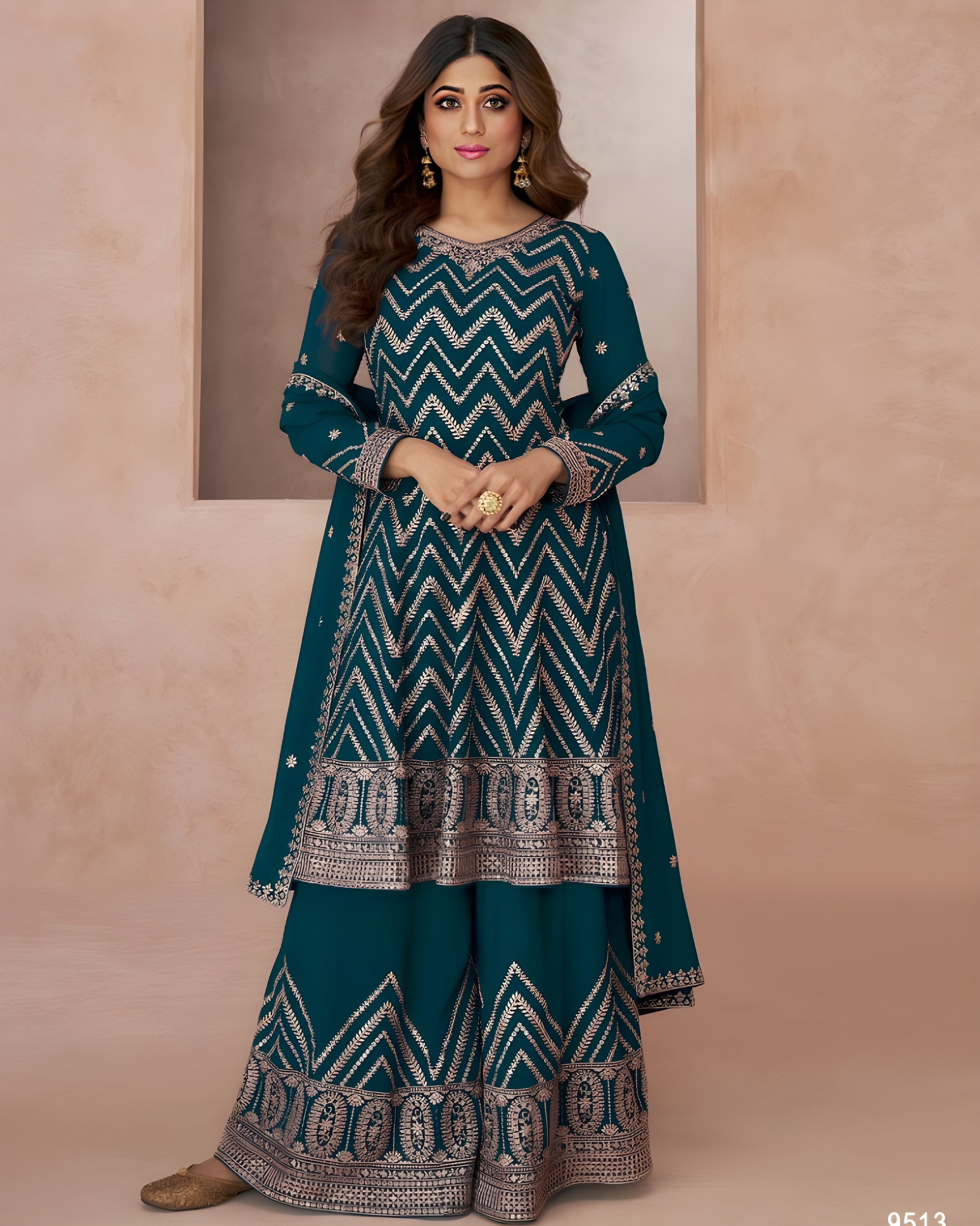 Embroidered Georgette Palazzo Suits Teal - Sakhi Fashions