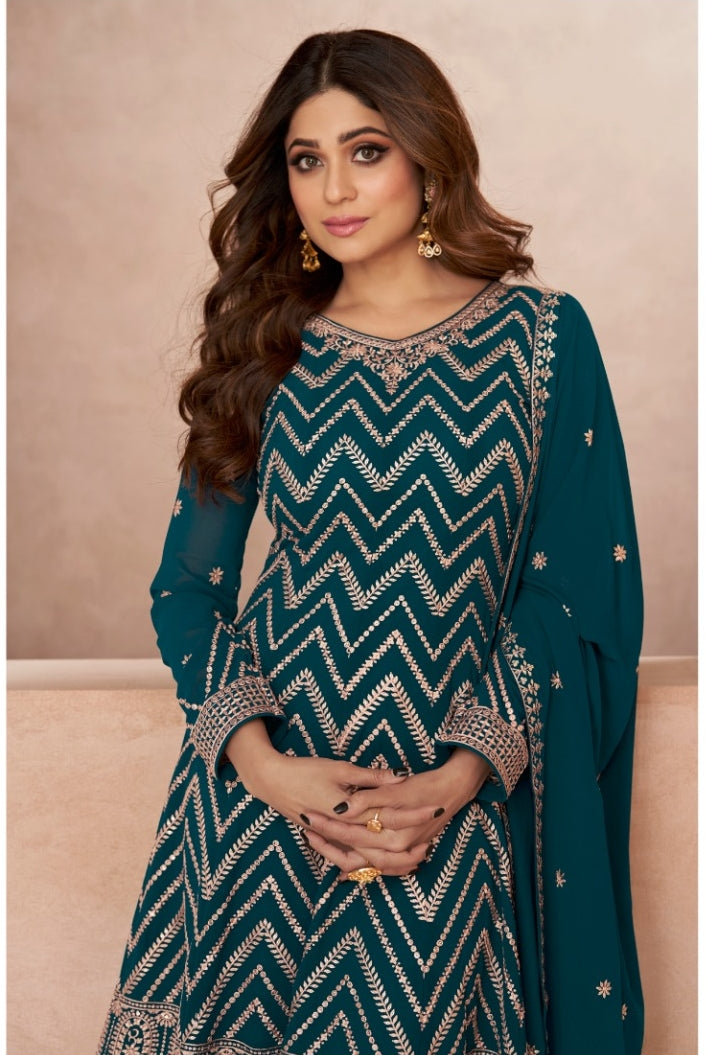 Embroidered Georgette Palazzo Suits Teal - Sakhi Fashions