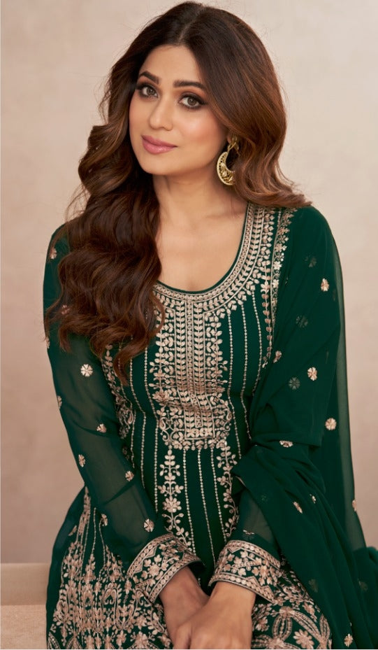 Embroidered Georgette Palazzo Suits Green - Sakhi Fashions