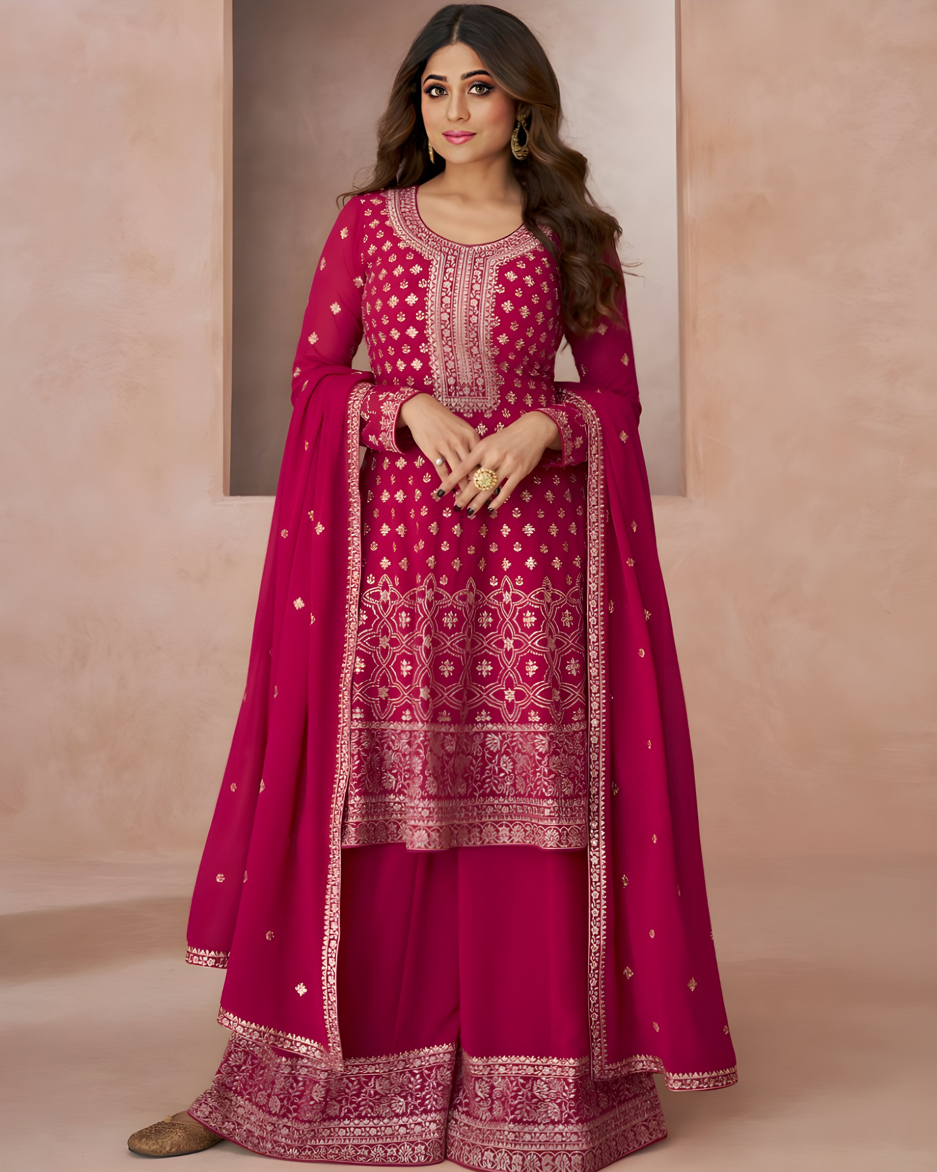 Embroidered Georgette Palazzo Suits Red - Sakhi Fashions