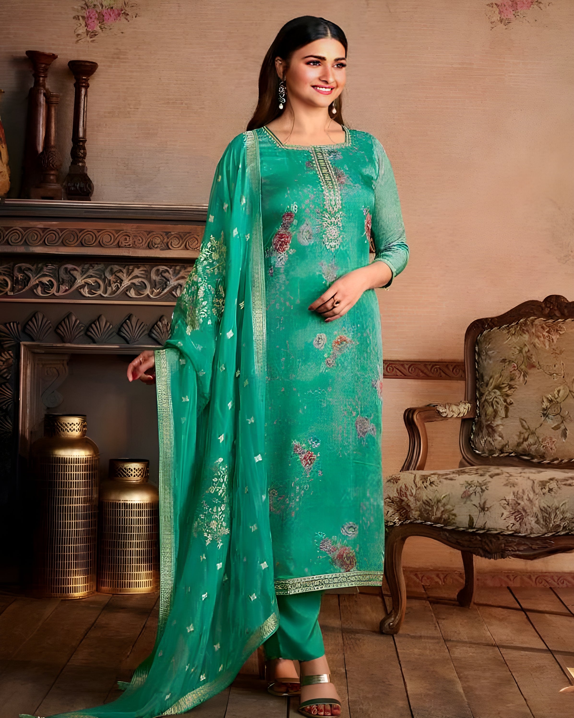 Organza Digital Print Salwar Suit Green - Sakhi Fashions