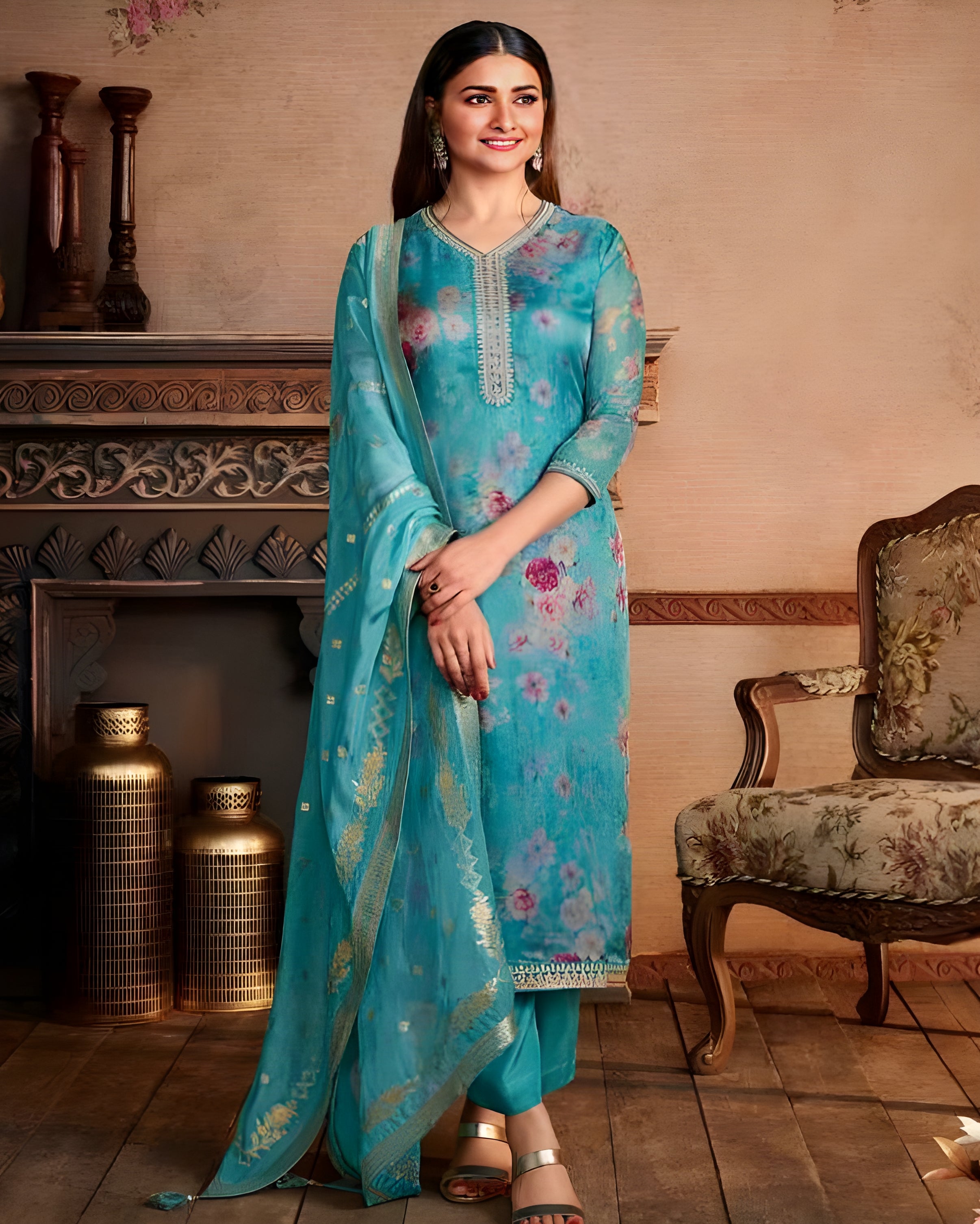 Organza Digital Print Salwar Suit Blue - Sakhi Fashions