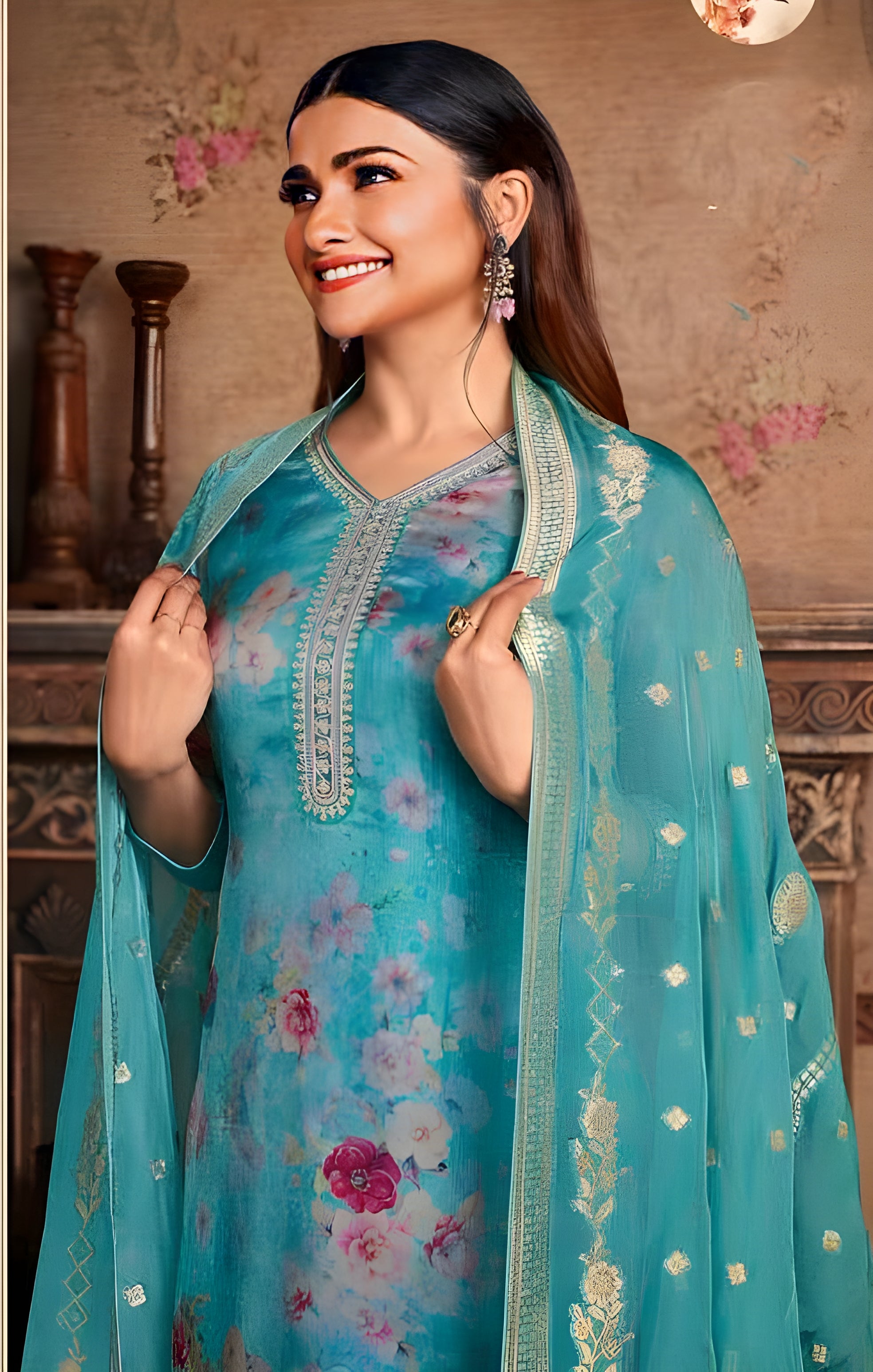 Organza Digital Print Salwar Suit Blue - Sakhi Fashions