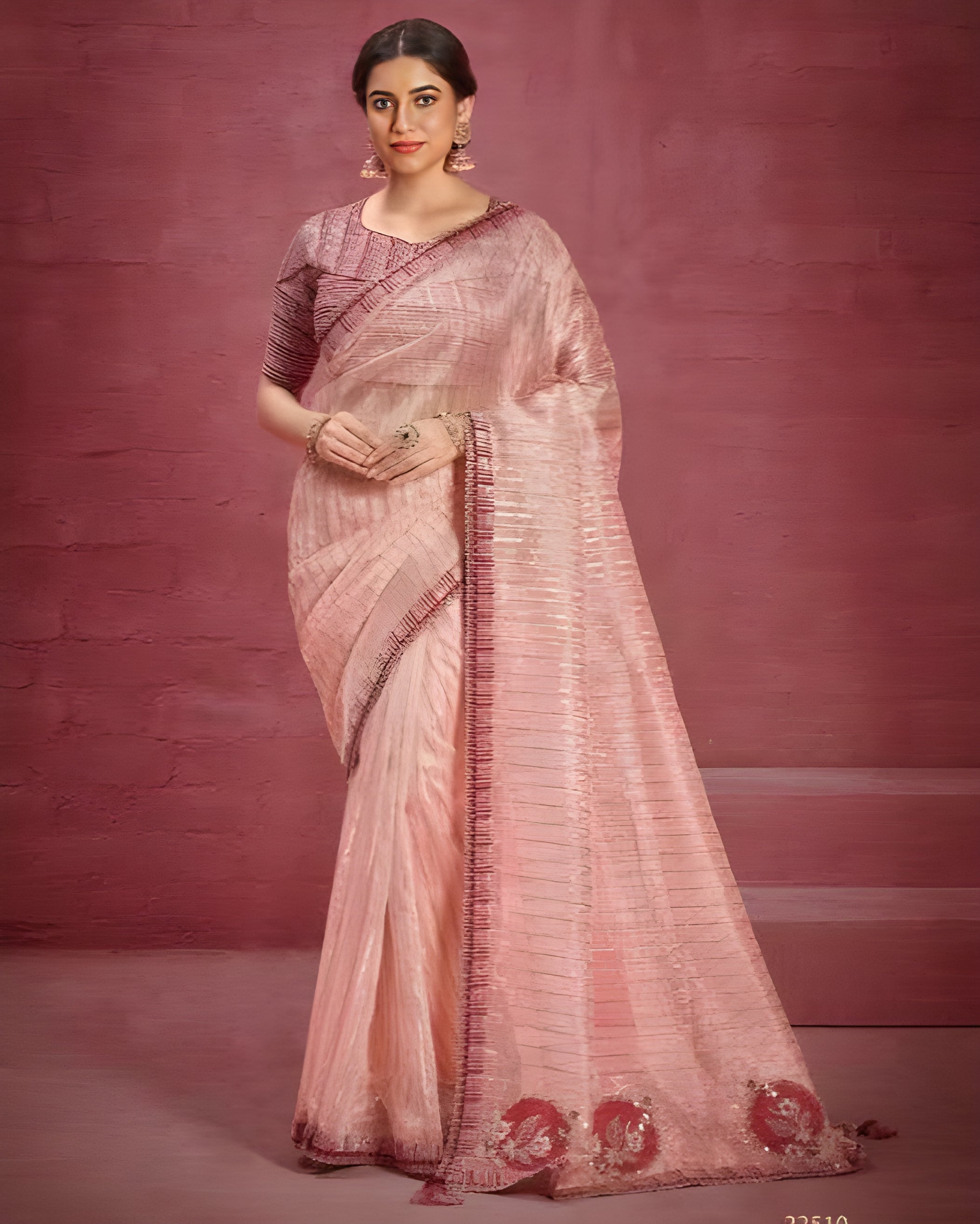 Embroidered Patterned Organza Designer Saree Pink - Sakhi Fashions