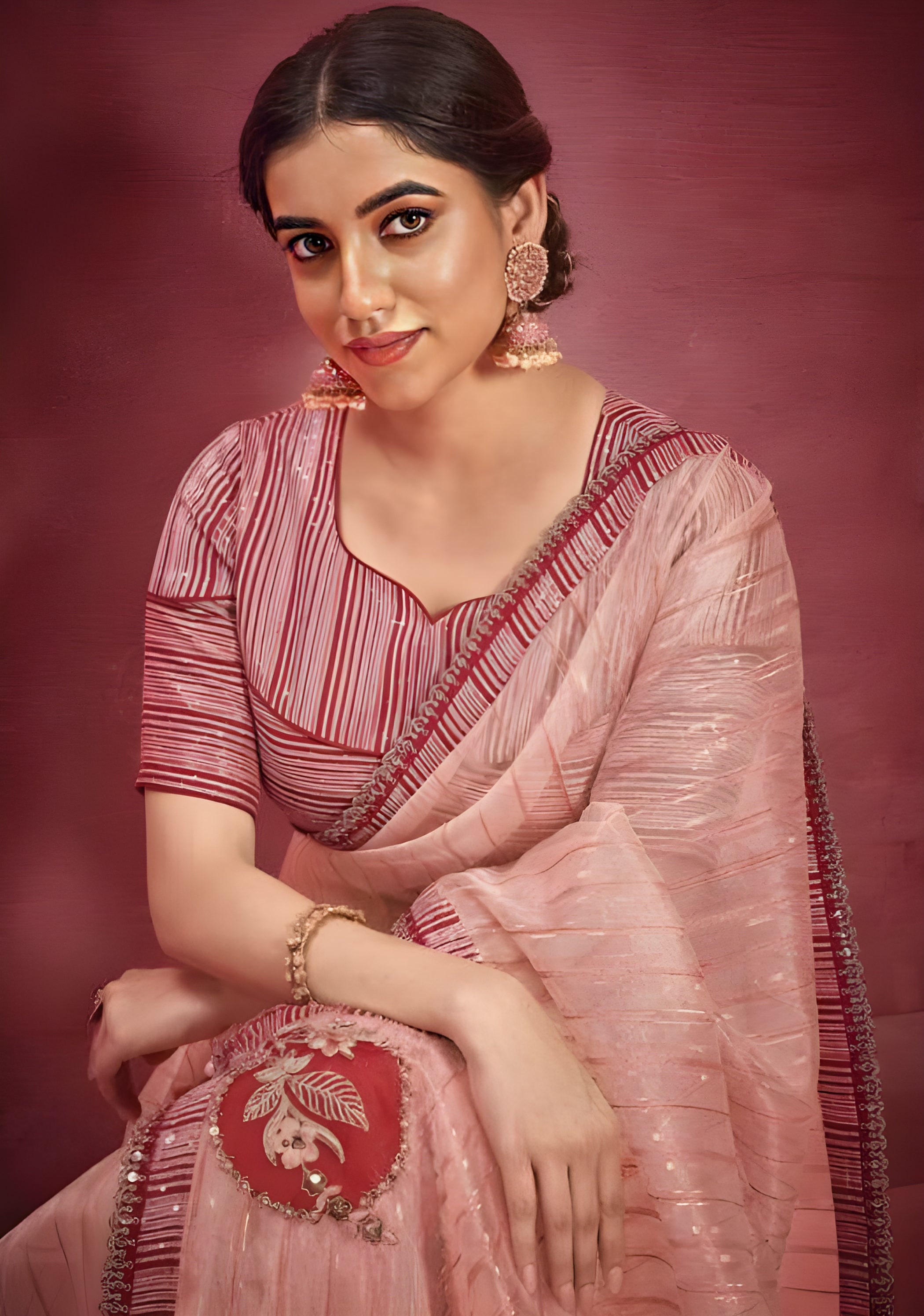 Embroidered Patterned Organza Designer Saree Pink - Sakhi Fashions