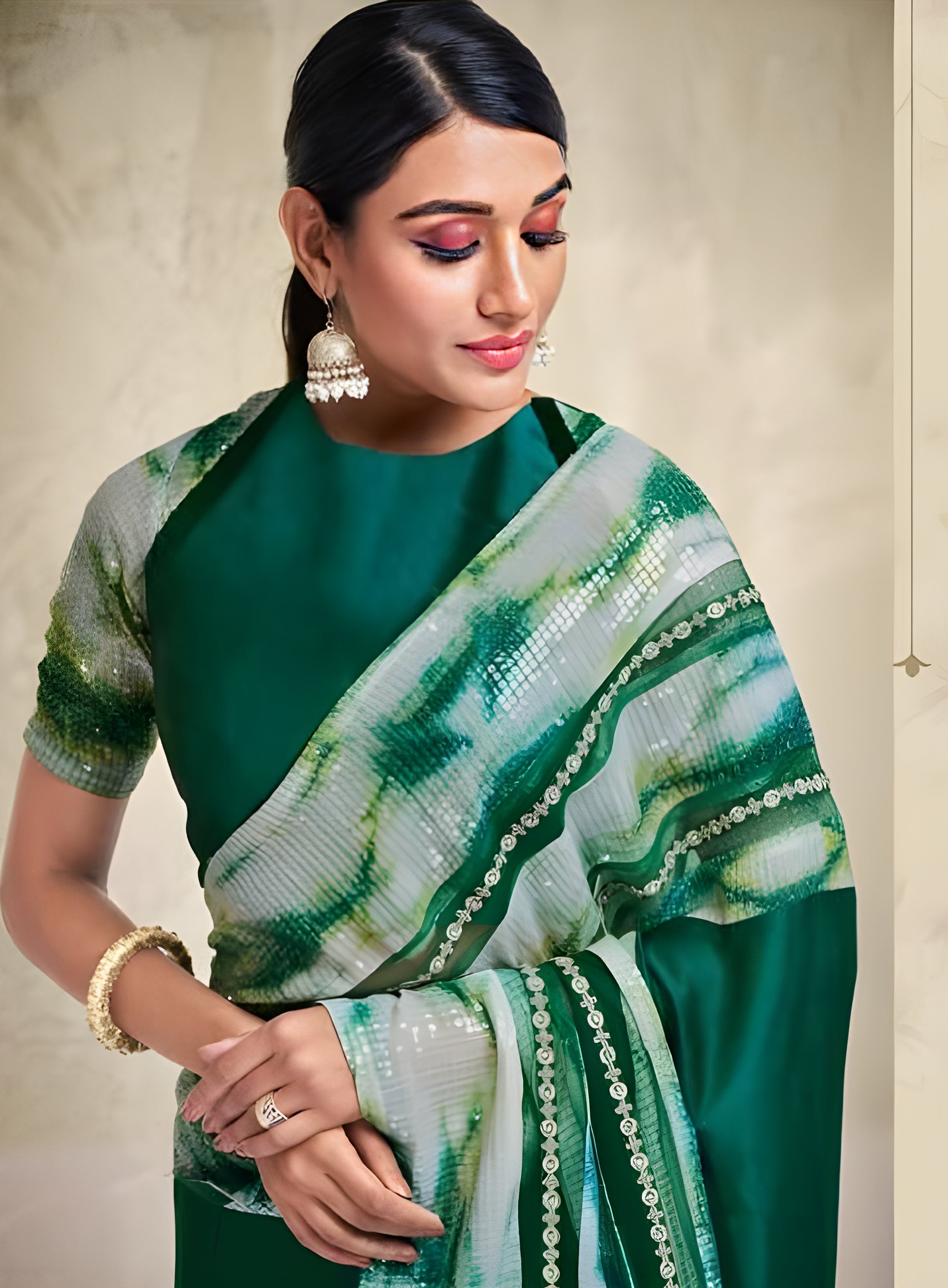 Satin Crepe Designer Saree Green - Sakhi Fashions
