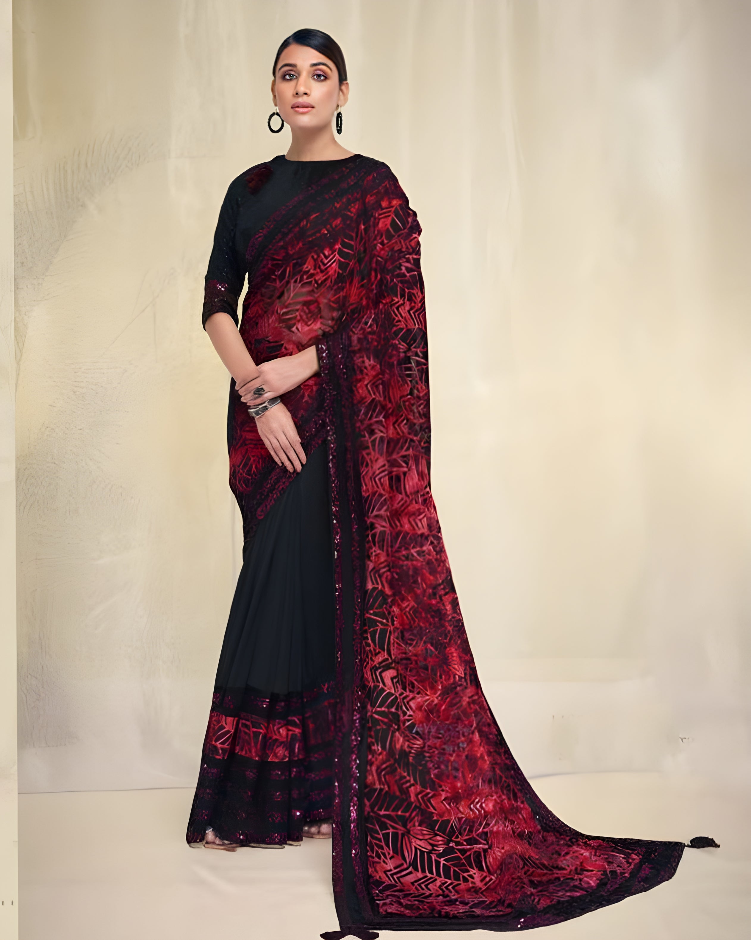 Brasso Crepe Designer Saree Red - Sakhi Fashions