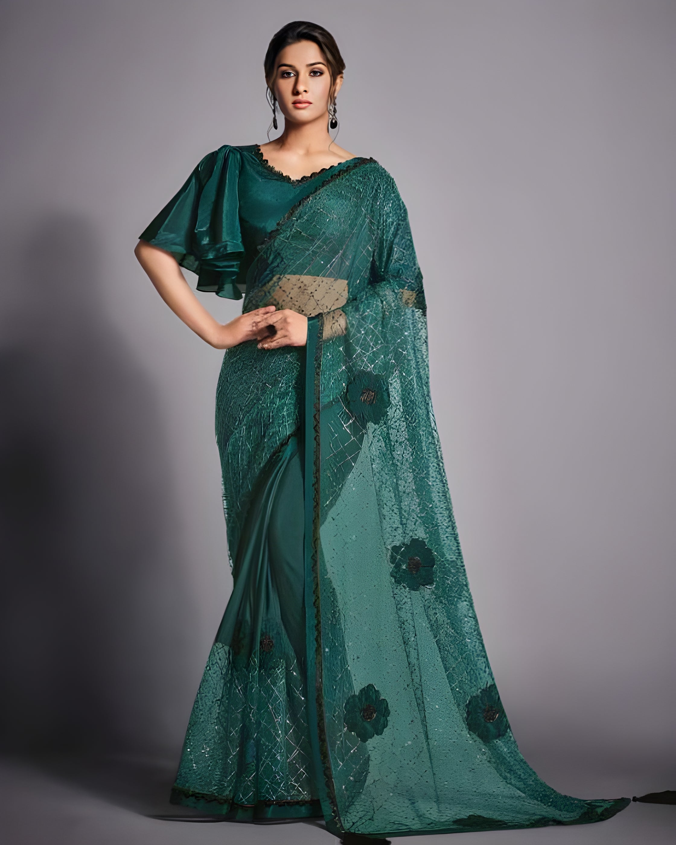 Lycra Net Designer Saree Green - Sakhi Fashions