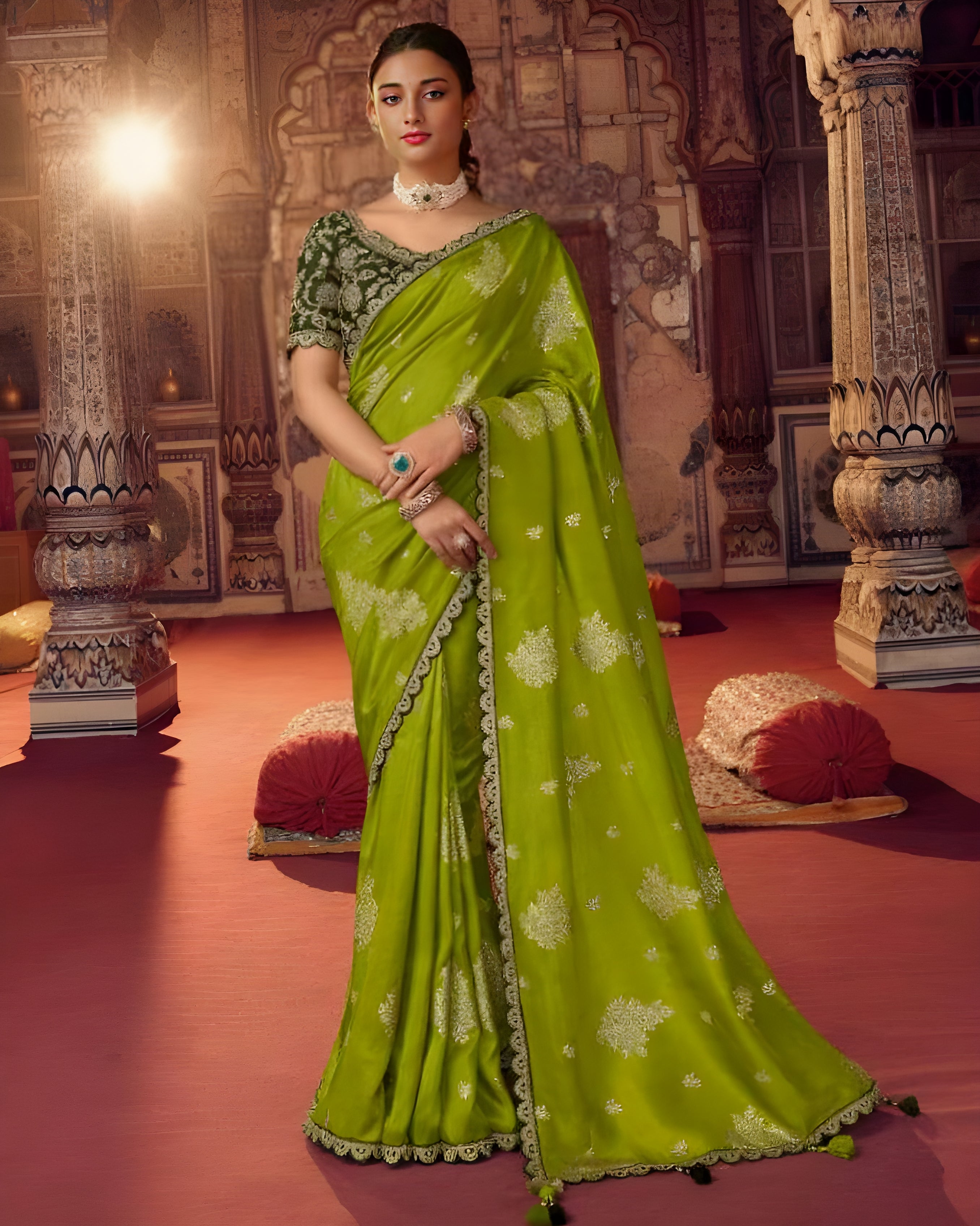 Embroidered Dola Viscose Wedding Saree Green - Sakhi Fashions