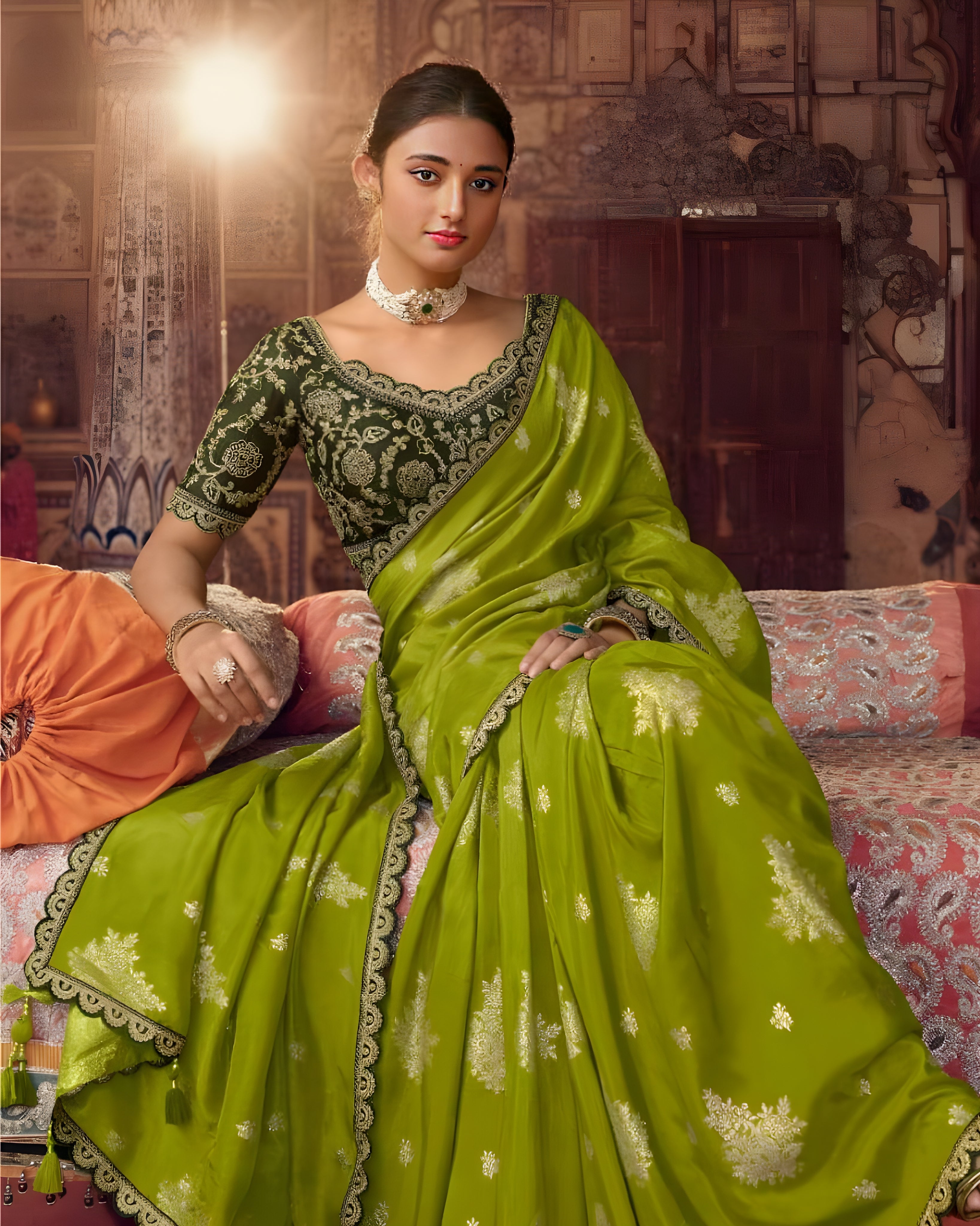 Embroidered Dola Viscose Wedding Saree Green - Sakhi Fashions