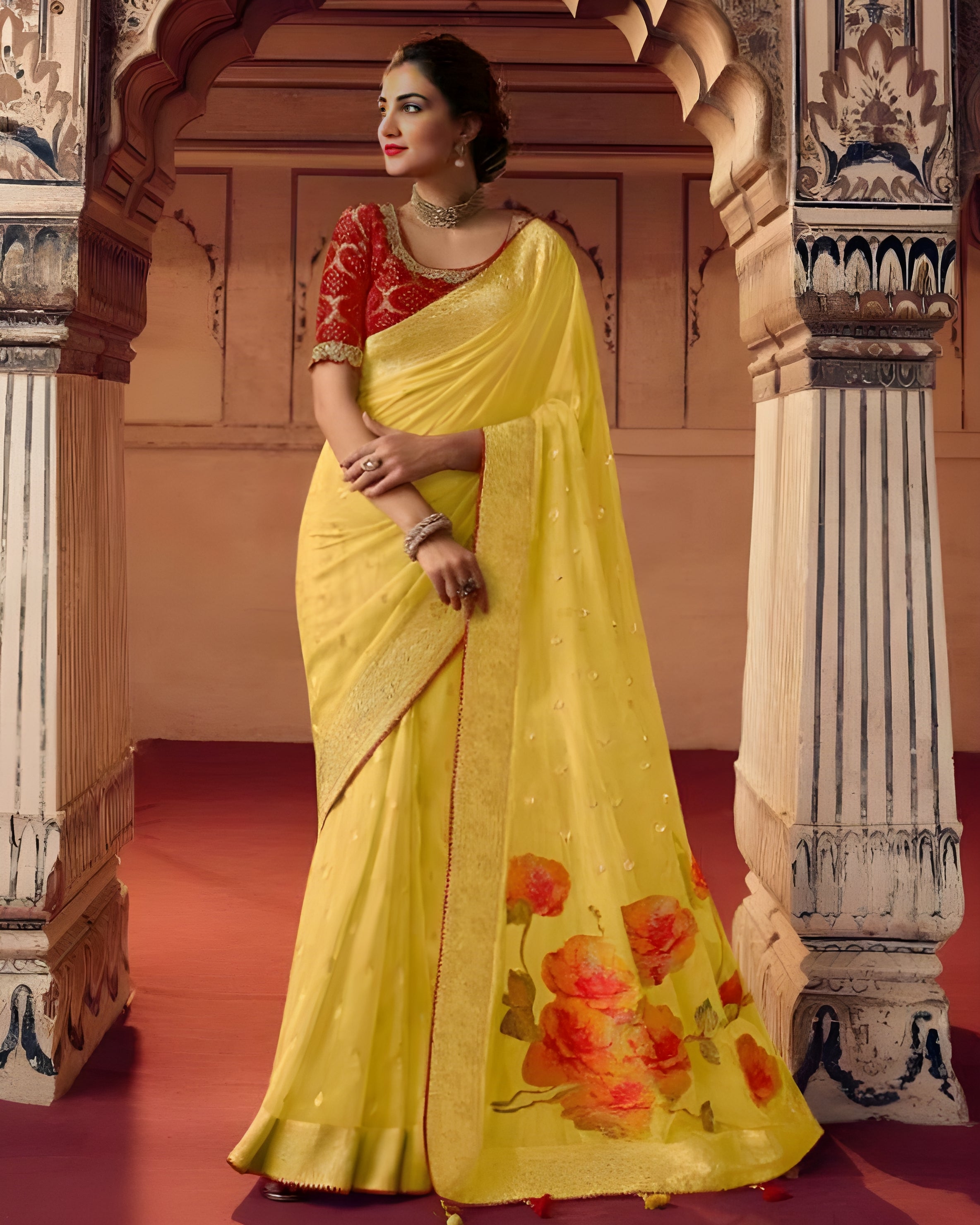 Embroidered Georgette Designer Saree Yellow - Sakhi Fashions