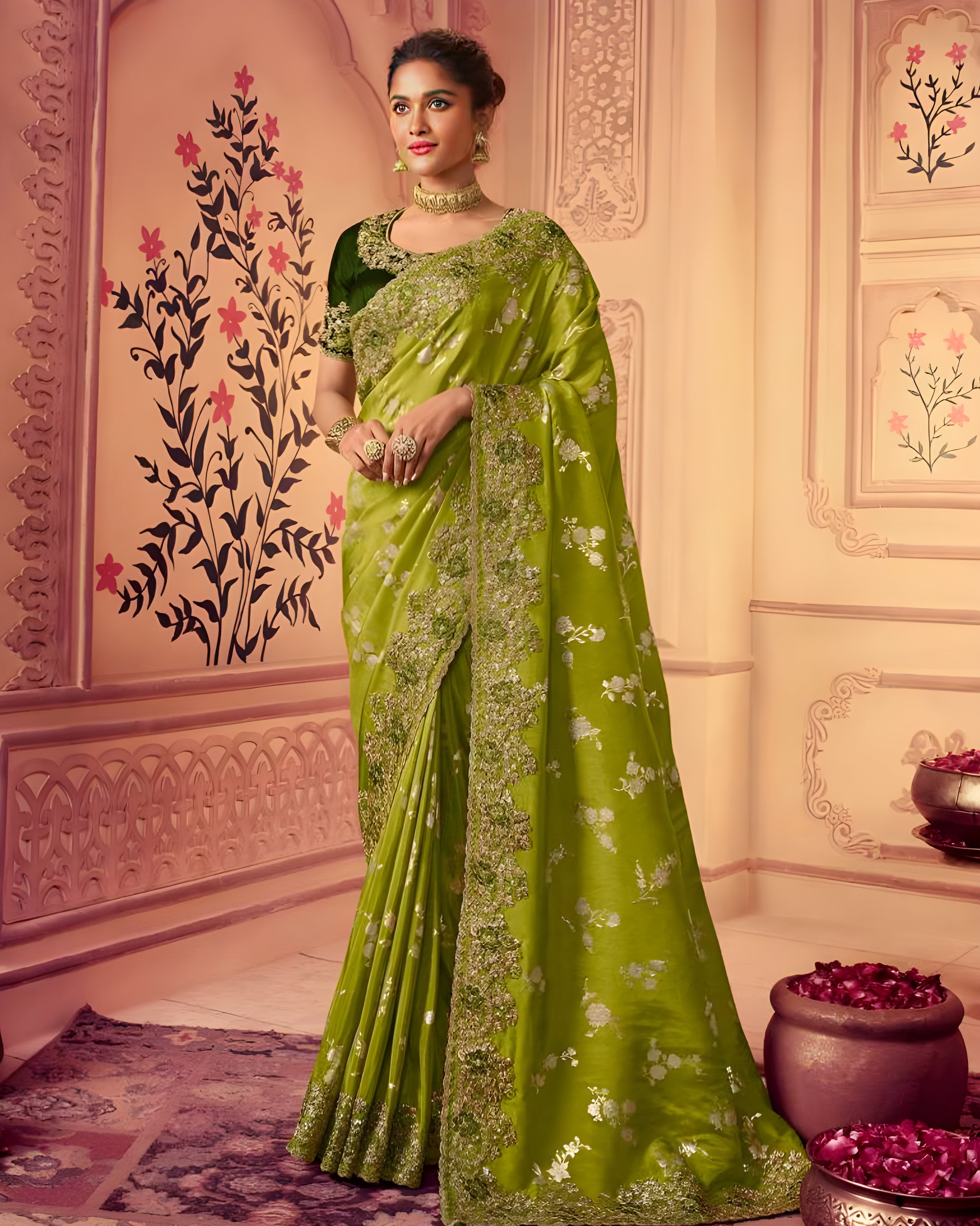 Embroidered Chinon Silk Wedding Saree Olive Green - Sakhi Fashions