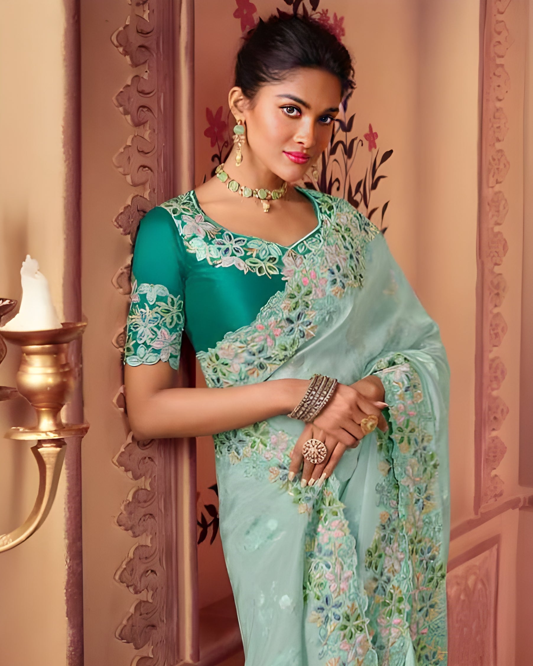 Embroidered Chinon Silk Wedding Saree Green - Sakhi Fashions