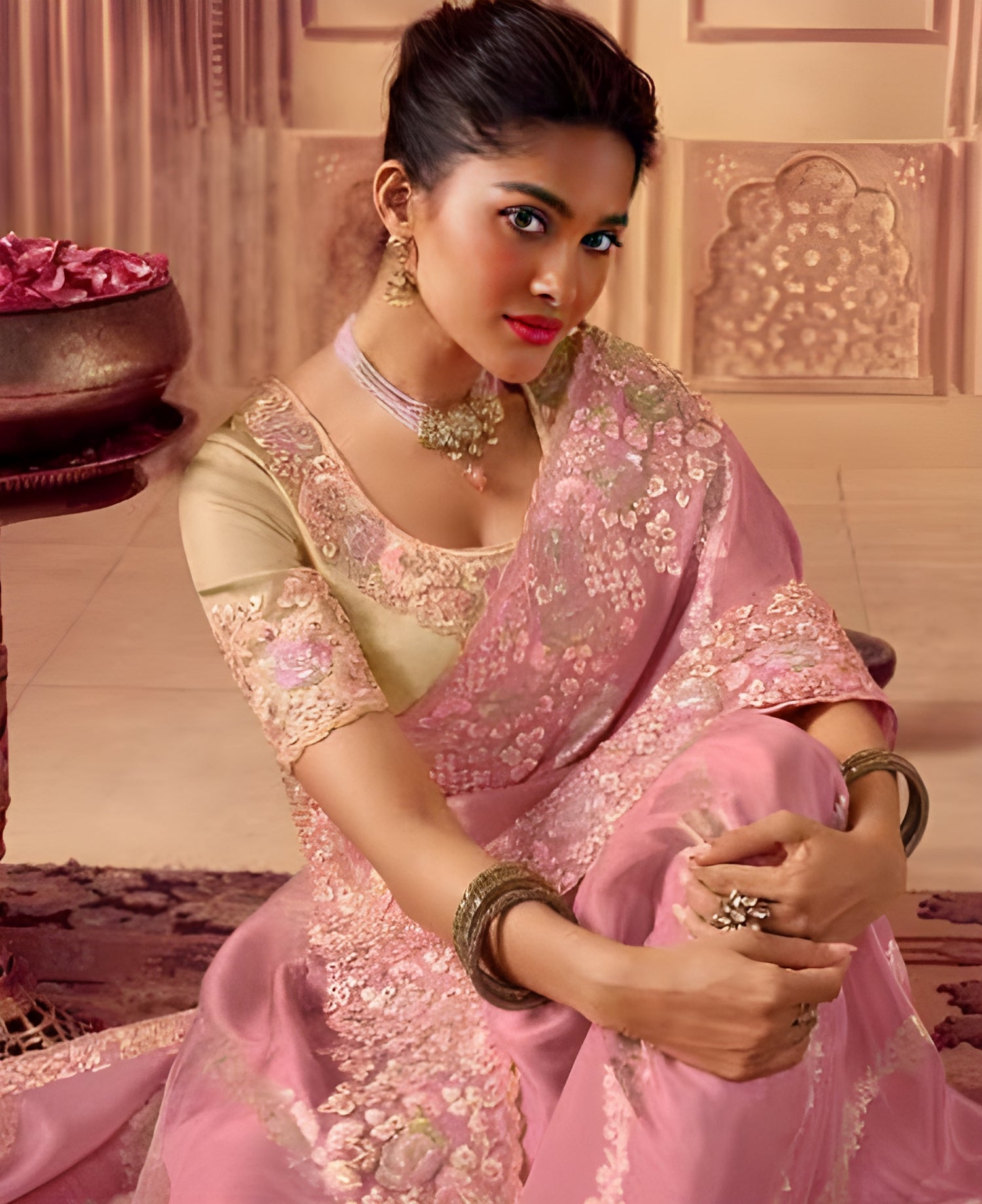 Embroidered Chinon Silk Wedding Saree Pink - Sakhi Fashions