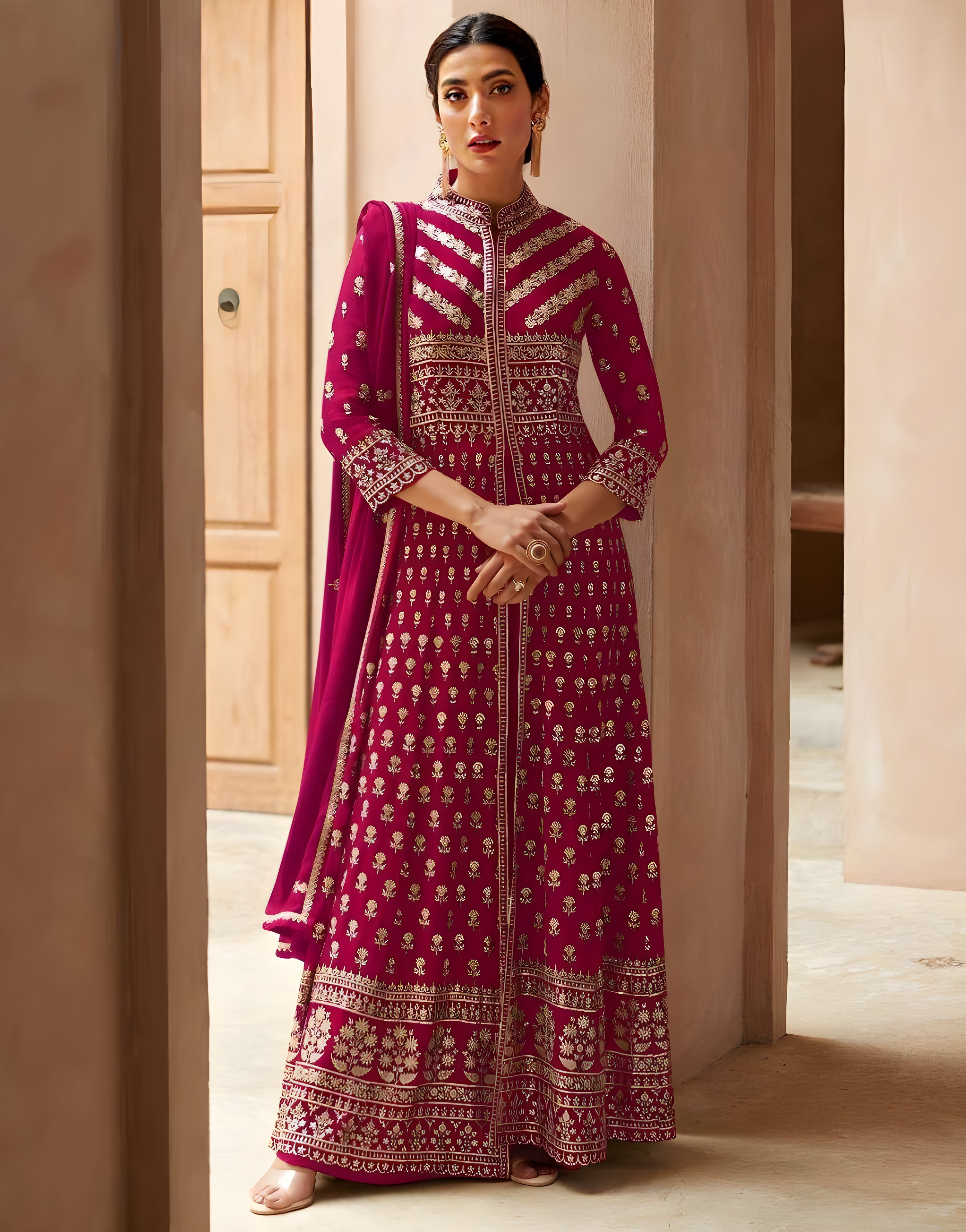 Embroidered Georgette Palazzo Suits Pink - Sakhi Fashions