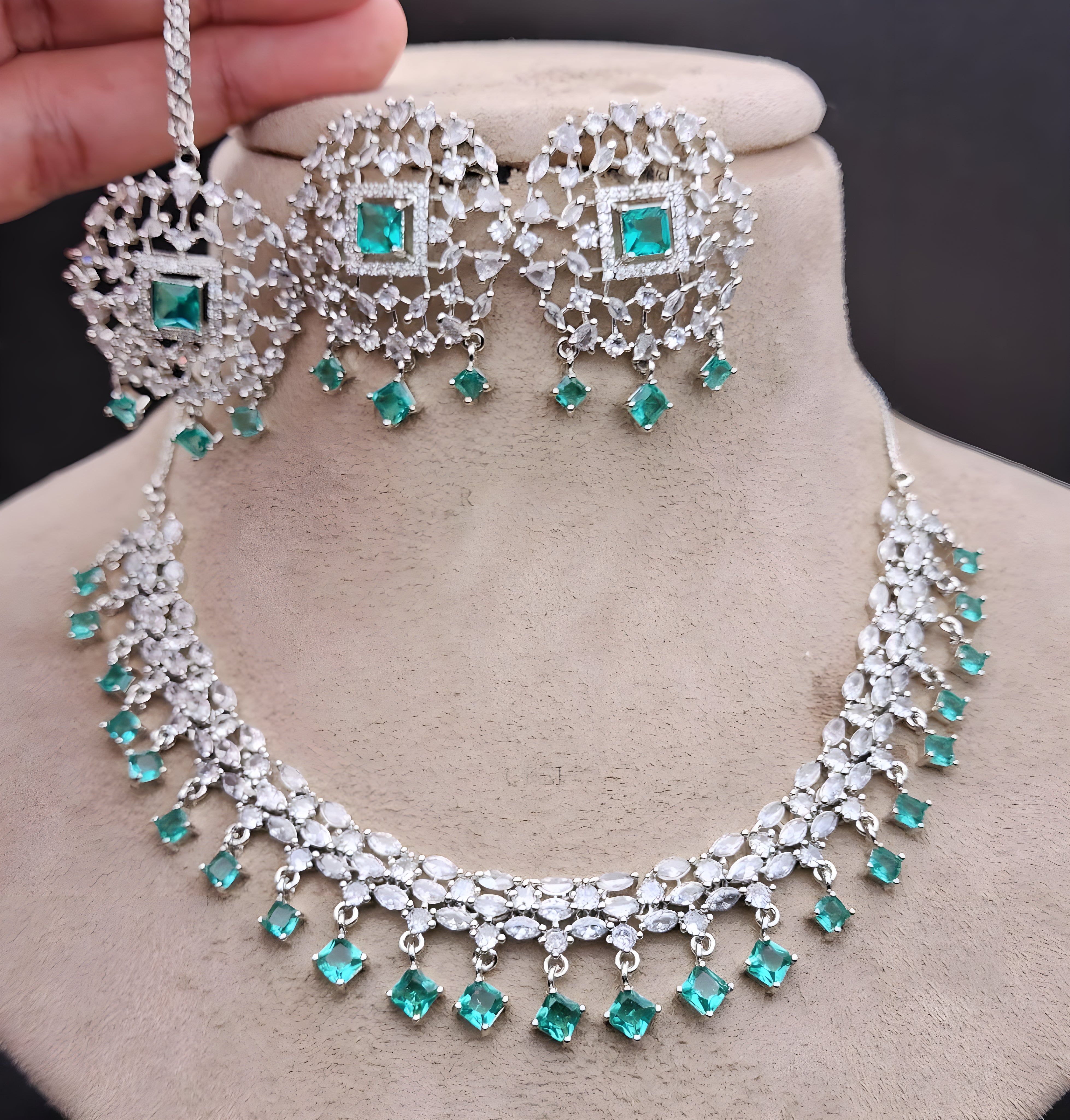 Silver White and Aqua Stone  Necklace Set - Sakhi Fashions