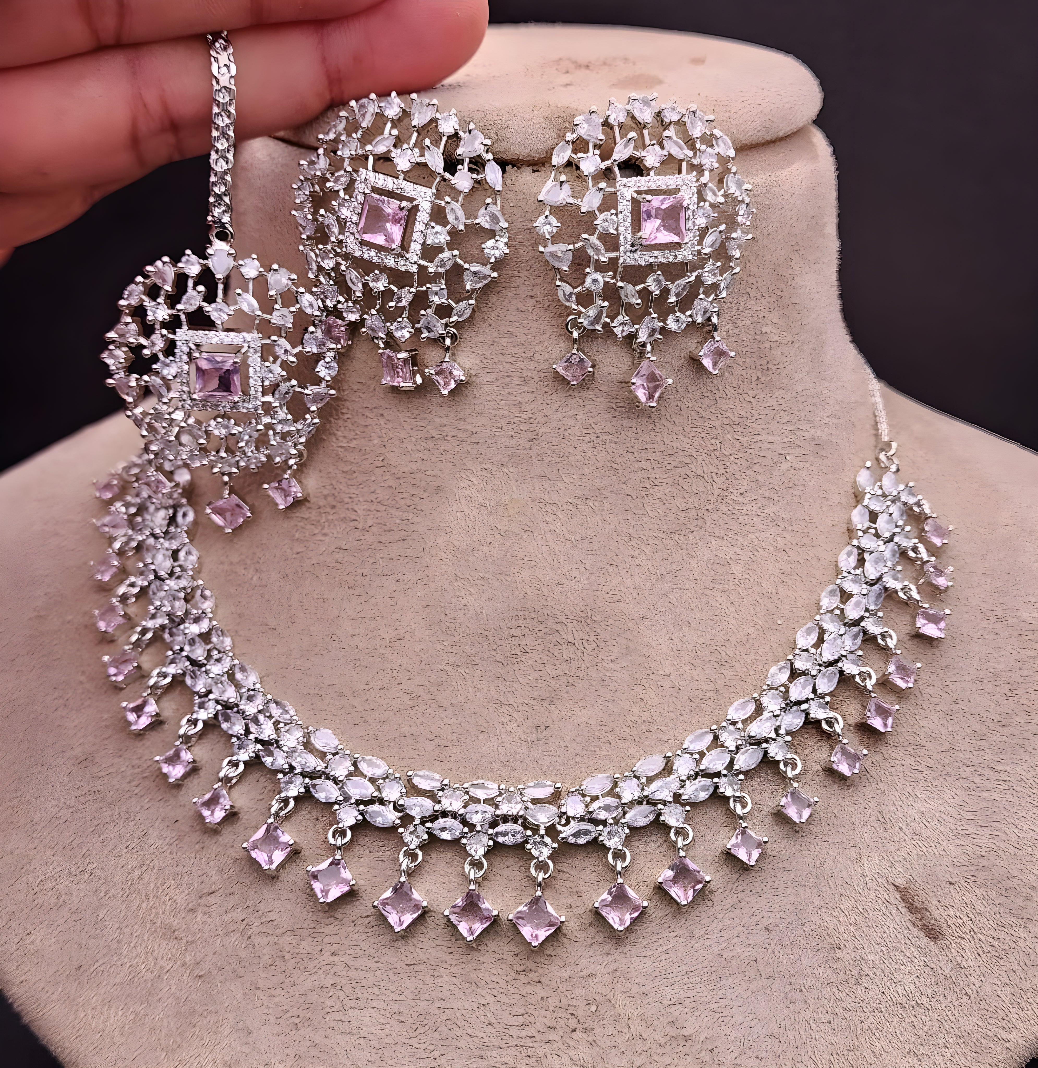 Silver Pink Zirconia Necklace Set - Sakhi Fashions