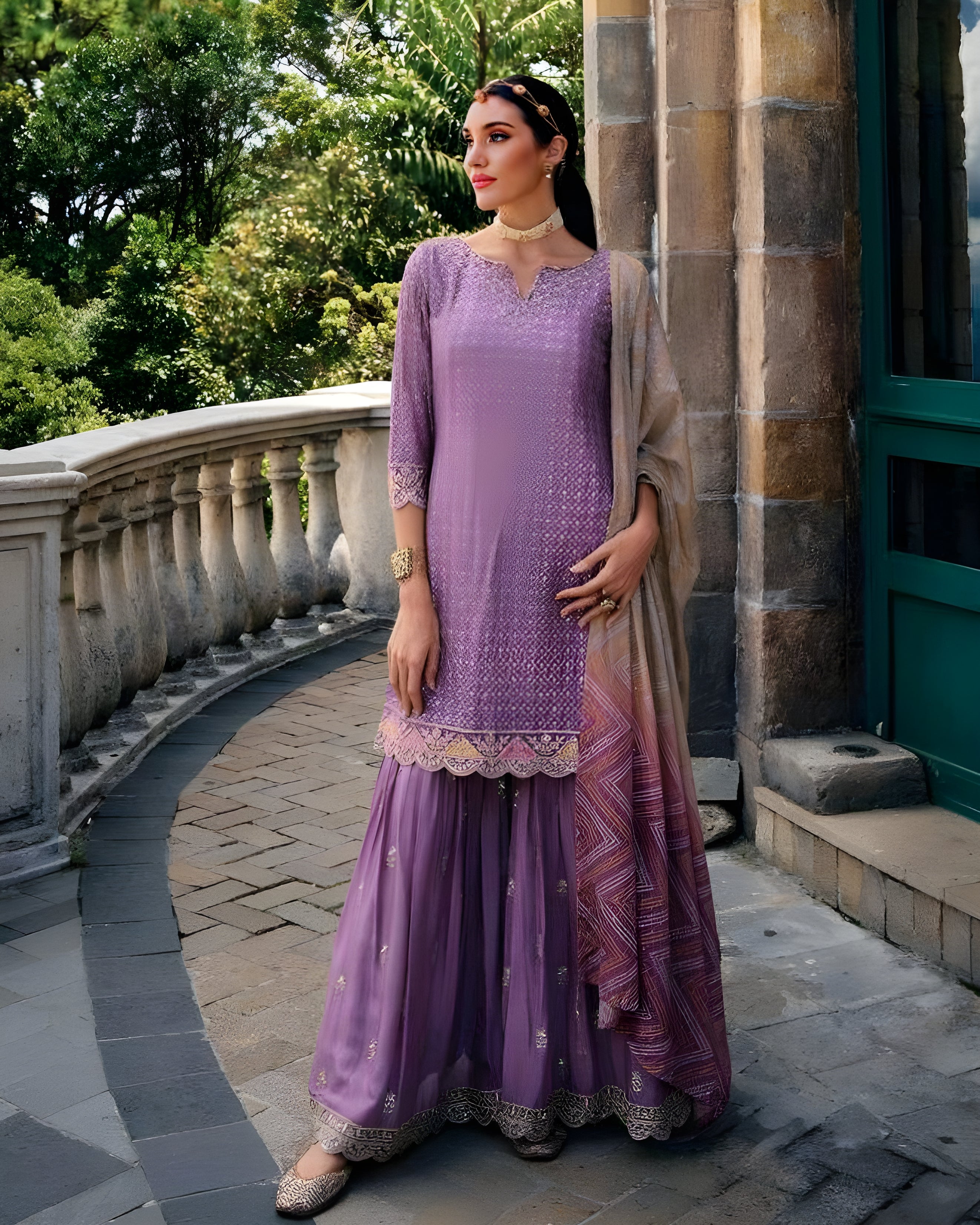 Pink Chinon Embroidered Sharara Suits - Sakhi Fashions