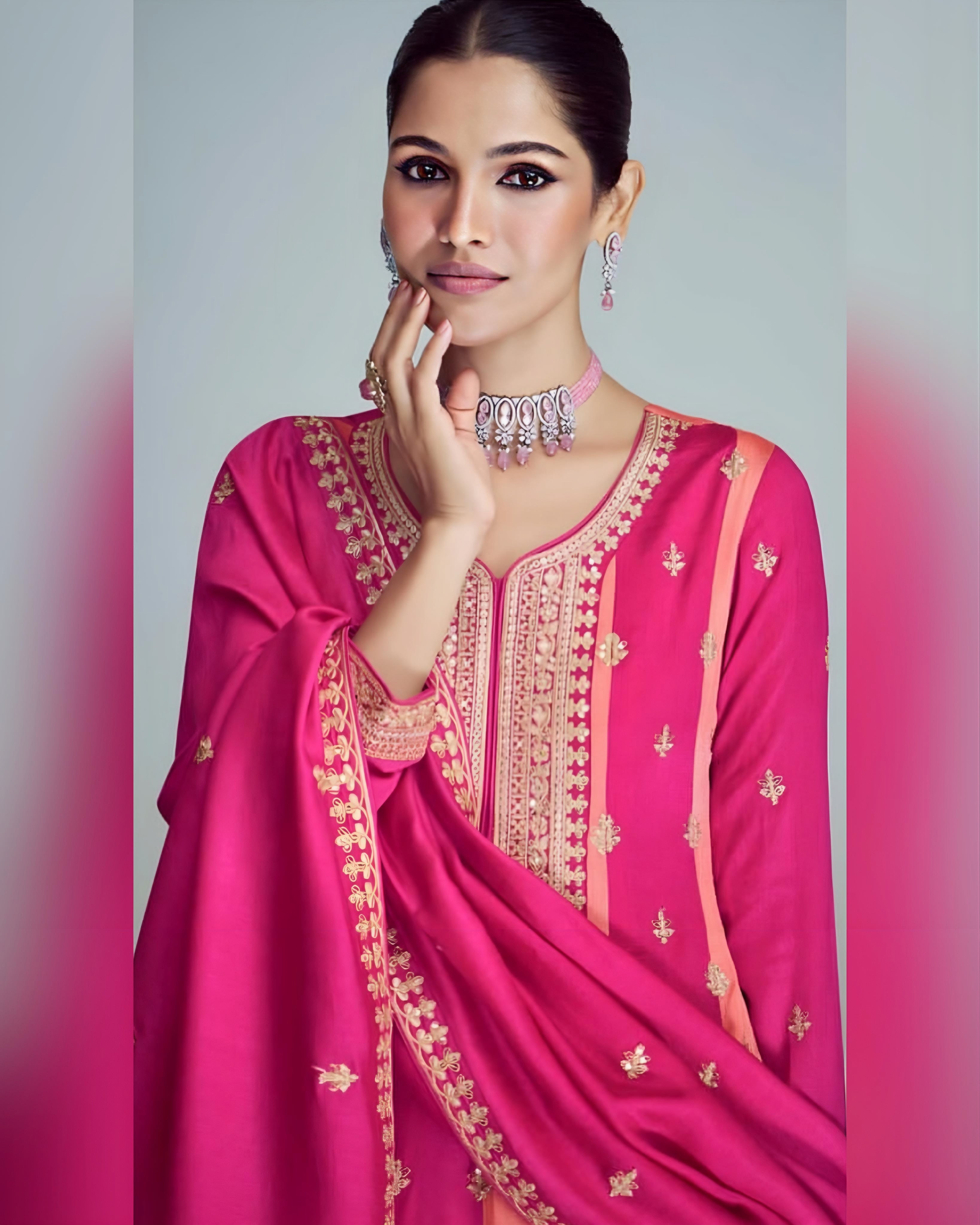 Premium Silk Embroidered Salwar Suits Pink - Sakhi Fashions