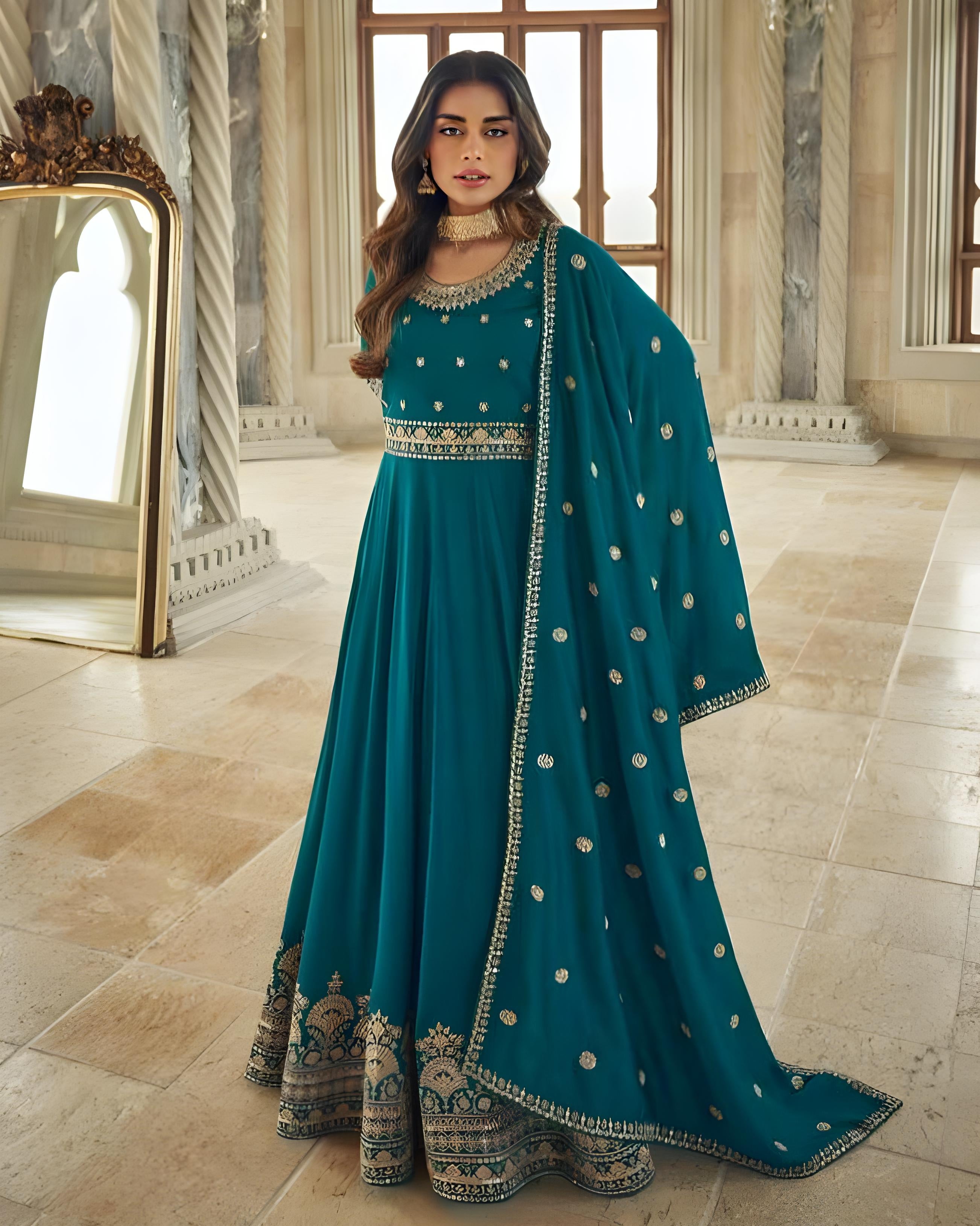 Premium Silk Heavy Embroidered Anarkali Gown - Sakhi Fashions