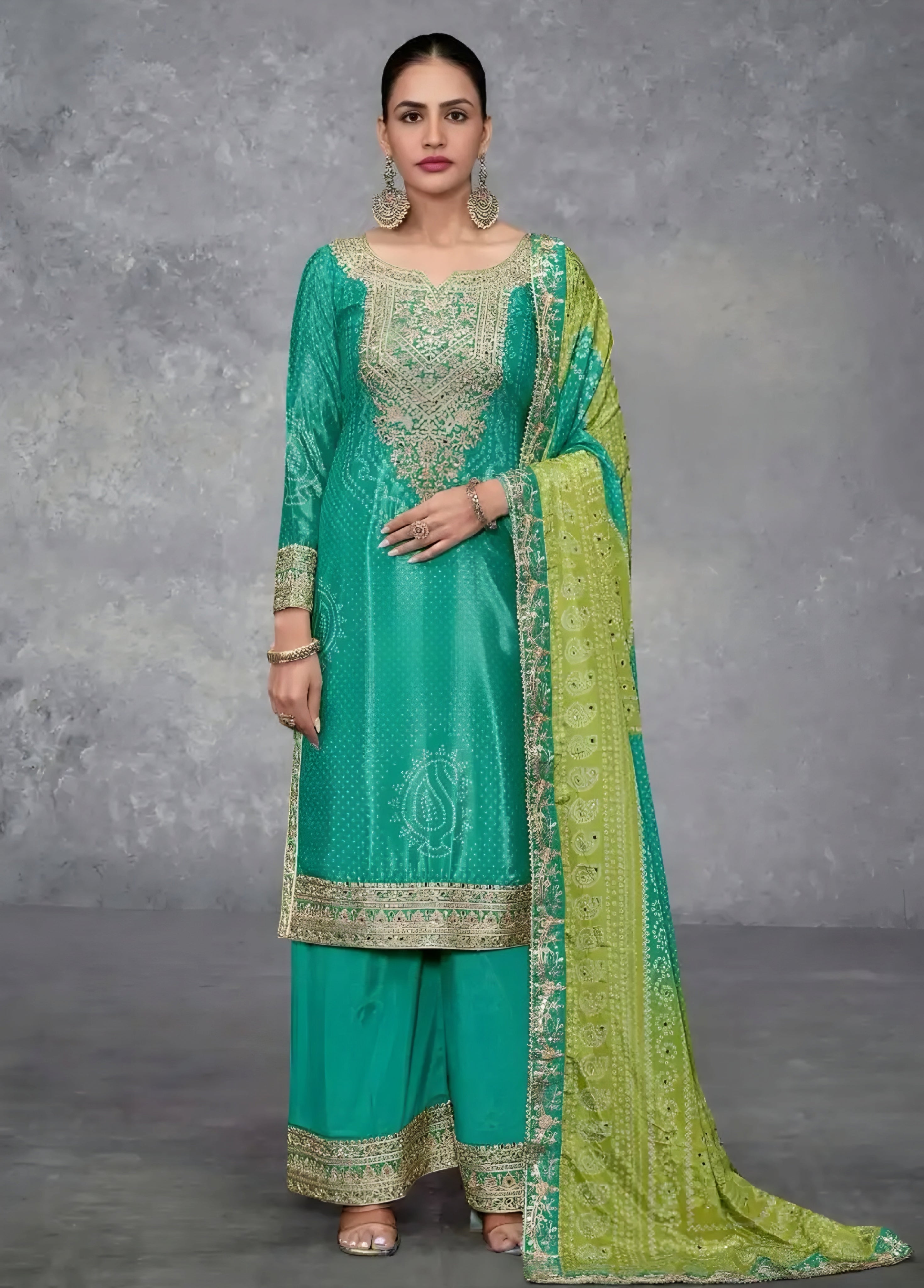 Teal Green Embroidered Sharara Suit with Lime Green Bandhani Dupatta | Sakhi Fashions Australia