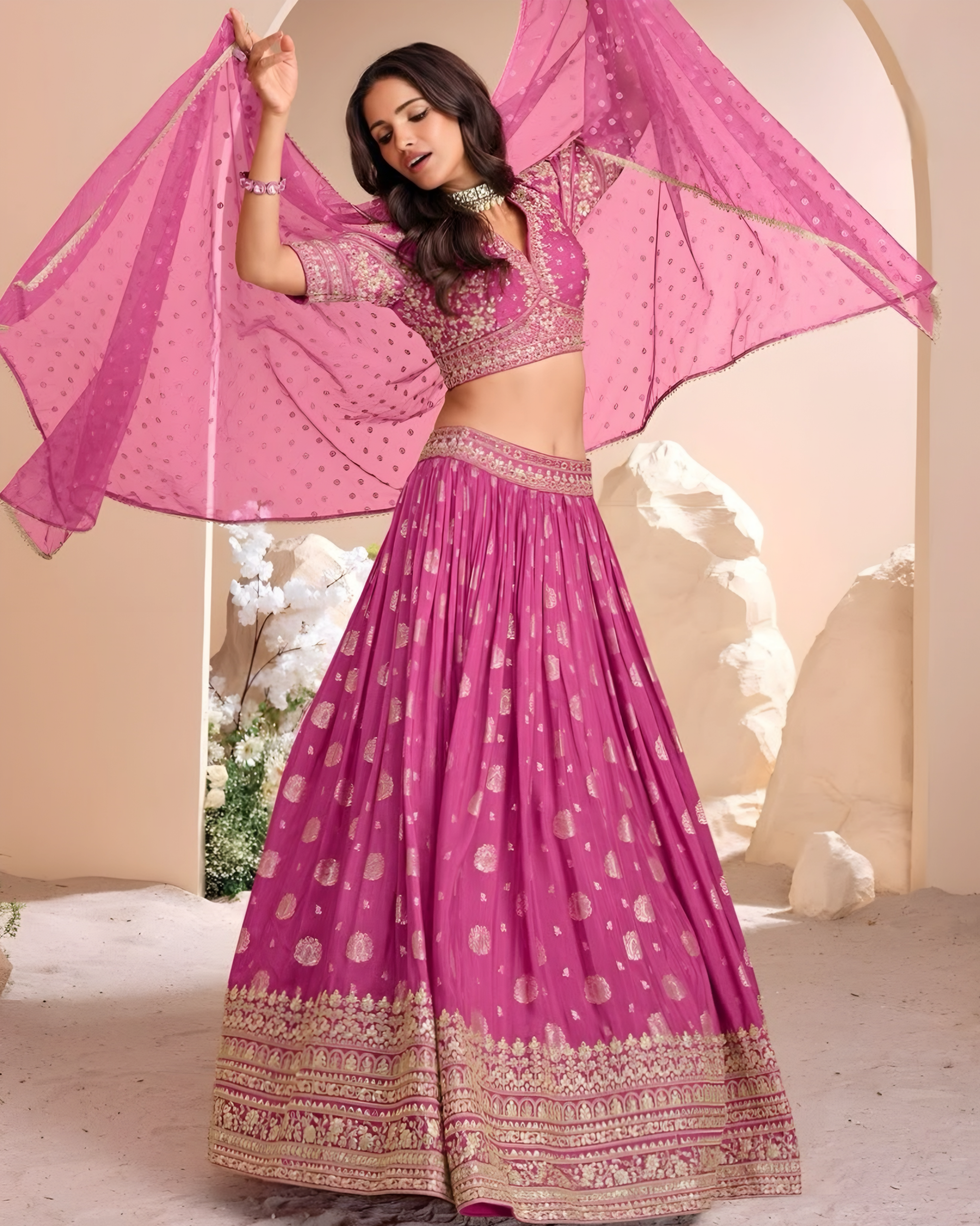 Fuchsia Pink Embroidered Jacquard Silk Lehenga Set