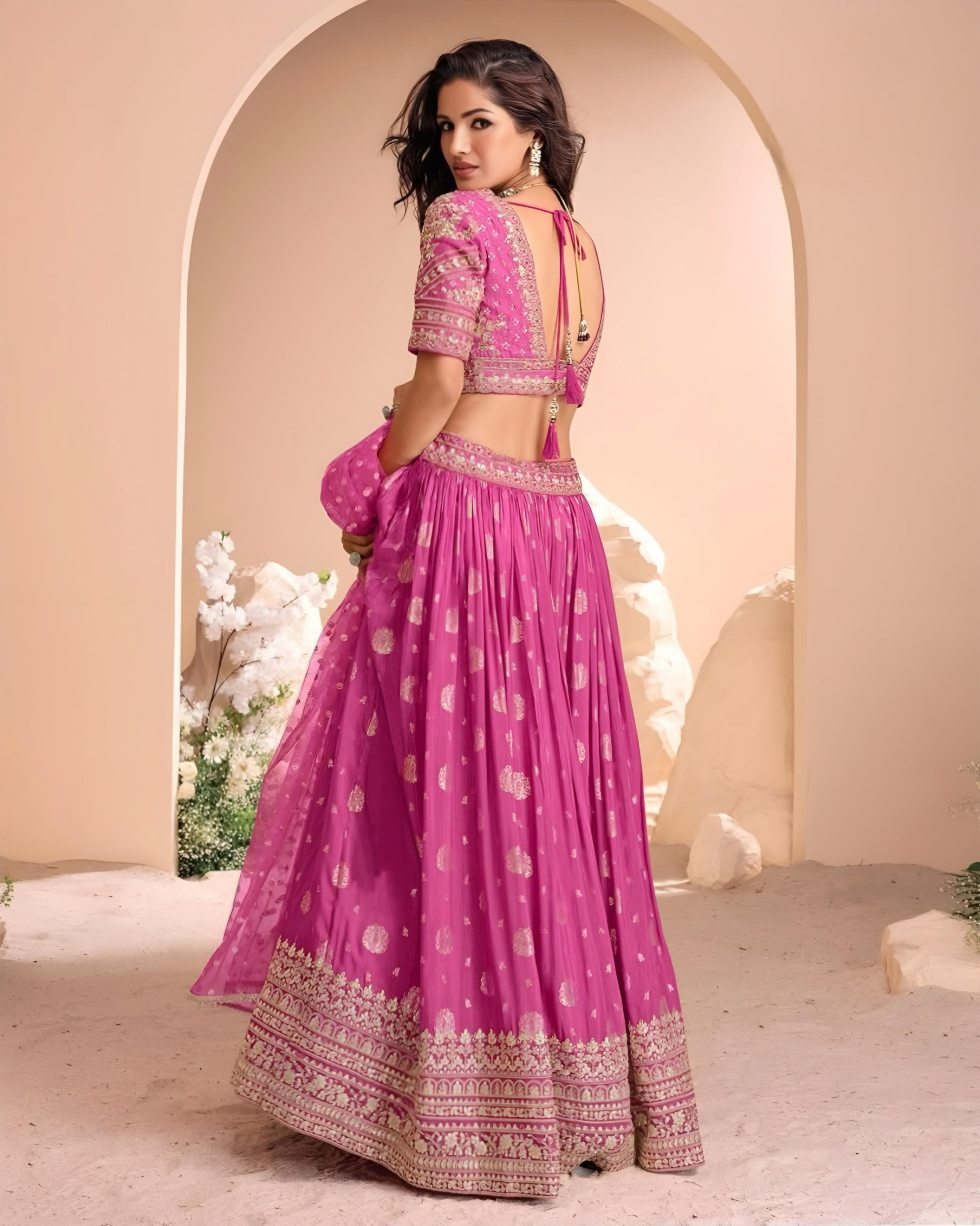 Fuchsia Pink Embroidered Jacquard Silk Lehenga Set