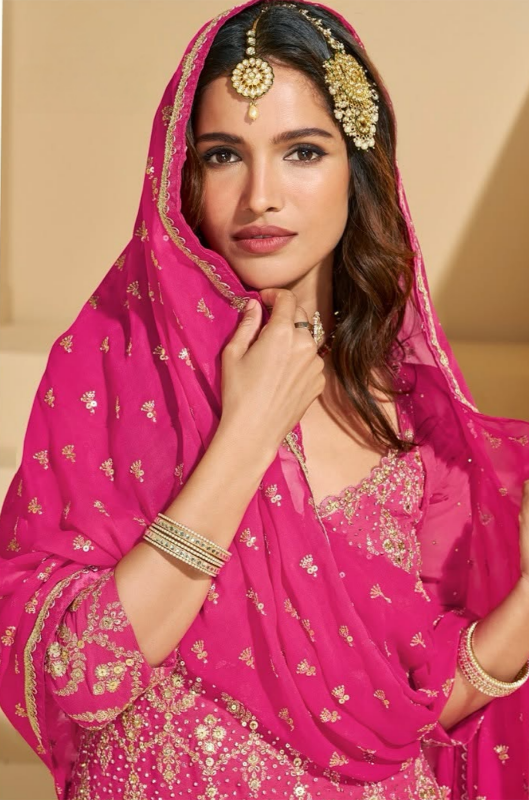 Hot Pink & Orange Georgette Lehenga with Heavy Embroidery Salwar Suit